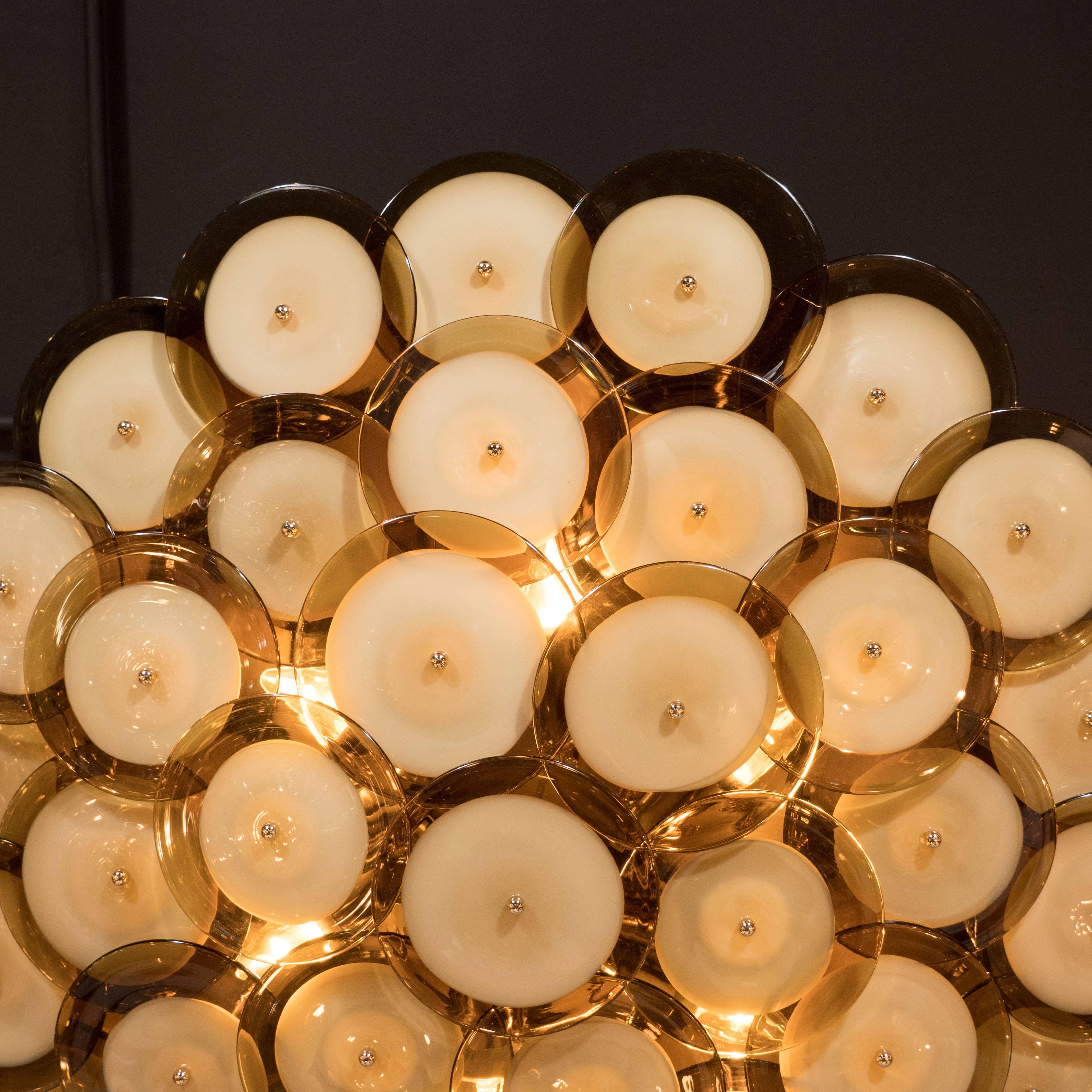 Contemporary  Flush Mount Murano Disc Chandelier in Smoked Topaz with Brass Base
