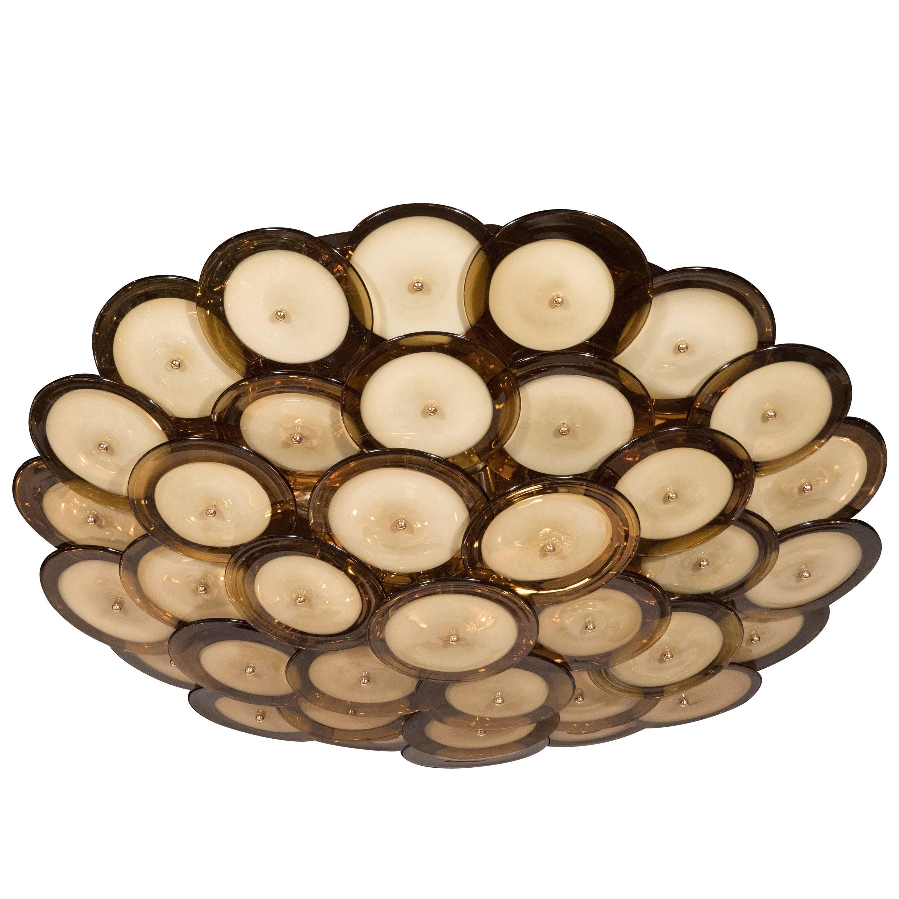 Flush Mount Murano Disc Chandelier in Smoked Topaz with Brass Base