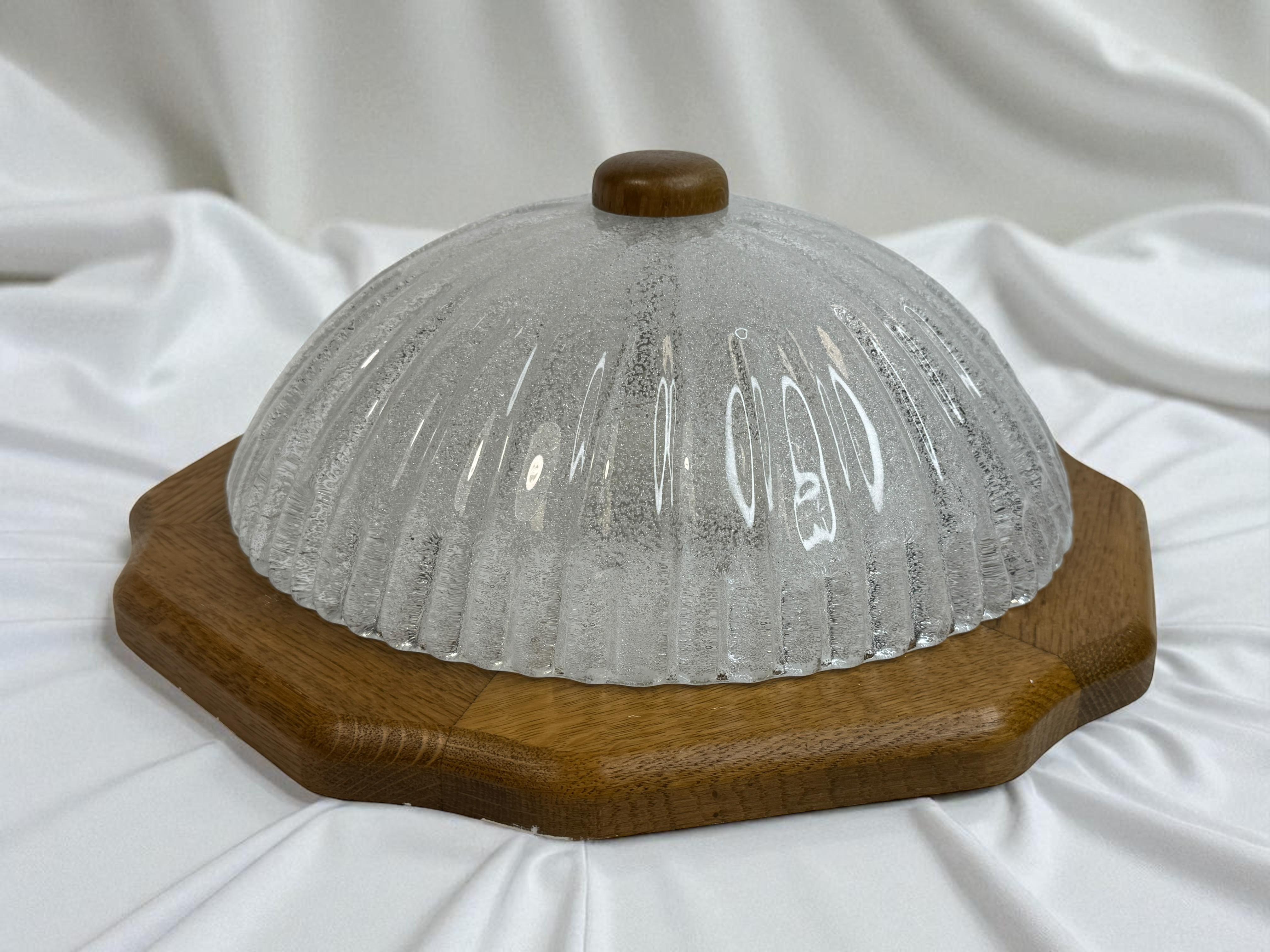 Flush Mount Murano Ice Glass Wood Frame, 1980s Fischer Leuchten Germany For Sale 6