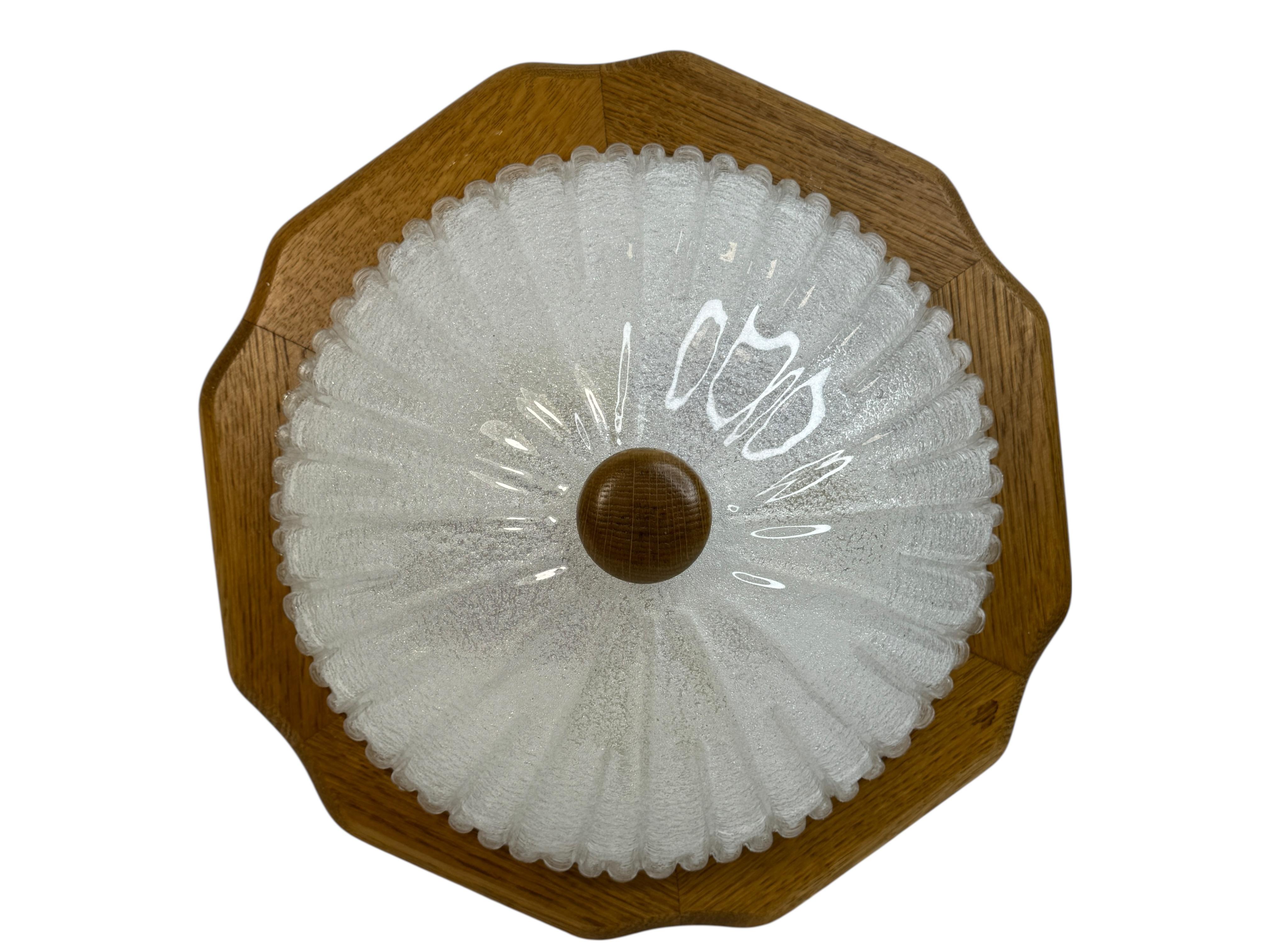 Modern Flush Mount Murano Ice Glass Wood Frame, 1980s Fischer Leuchten Germany For Sale