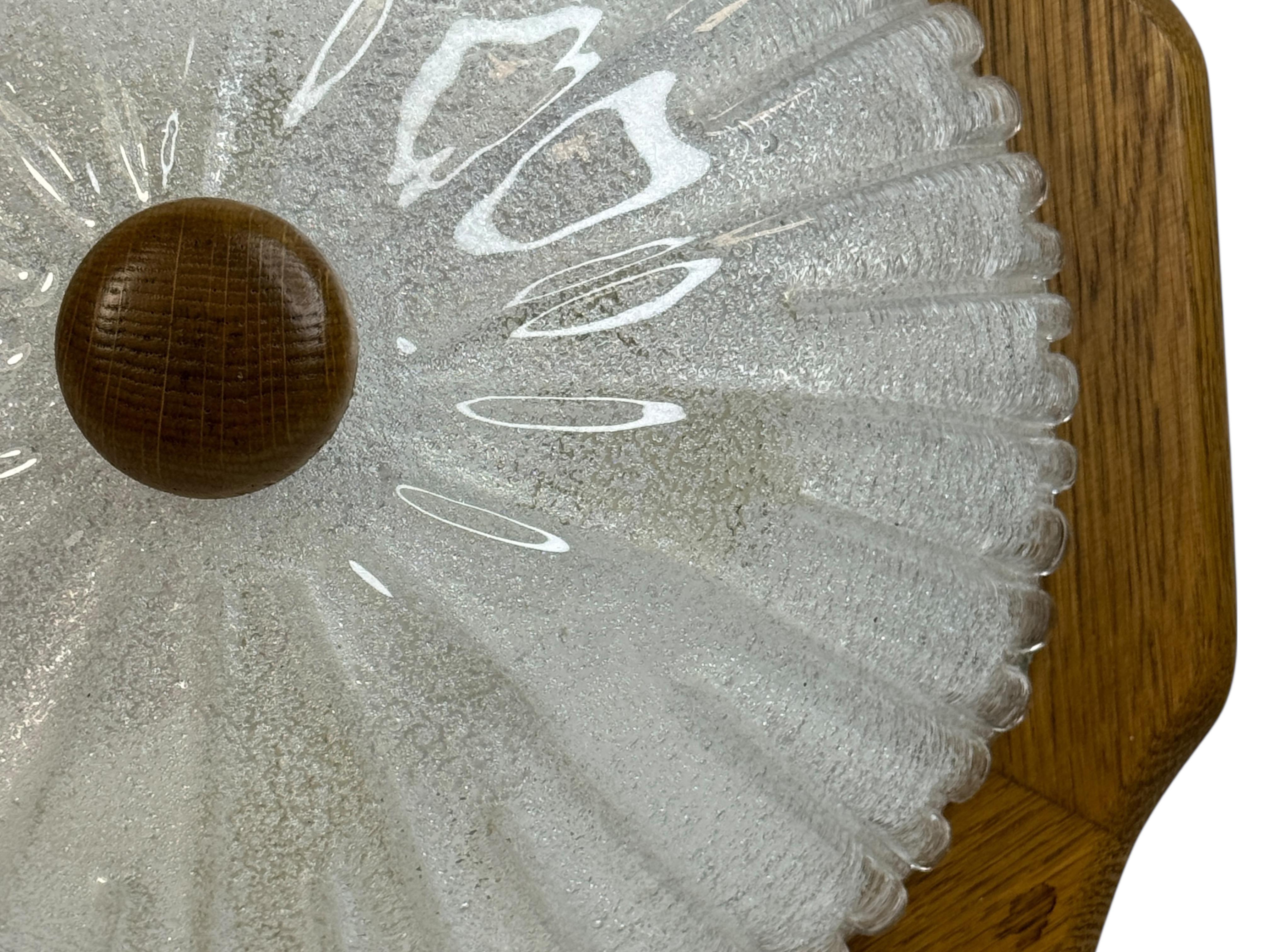 Metal Flush Mount Murano Ice Glass Wood Frame, 1980s Fischer Leuchten Germany For Sale