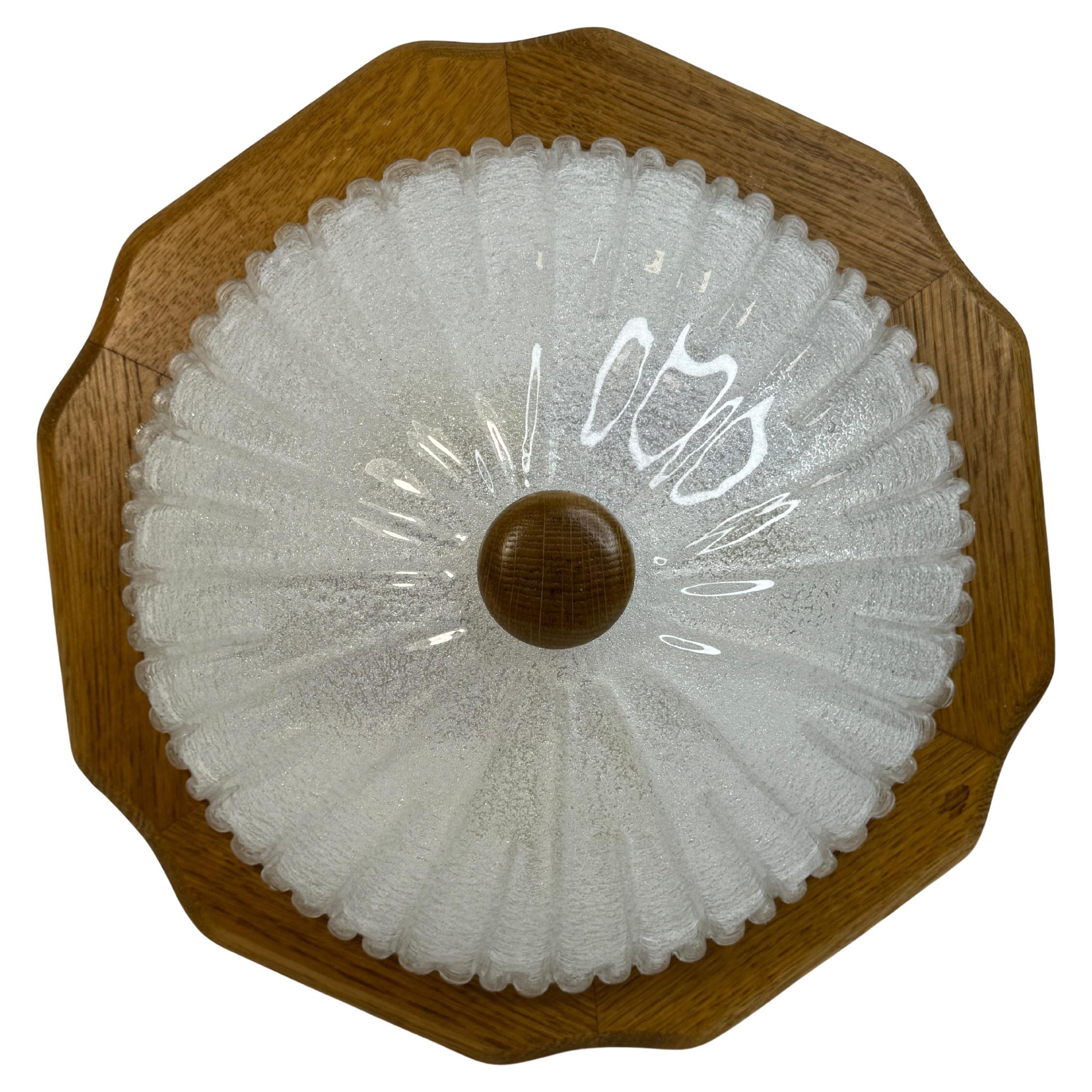 Flush Mount Murano Ice Glass Wood Frame, 1980s Fischer Leuchten Germany For Sale