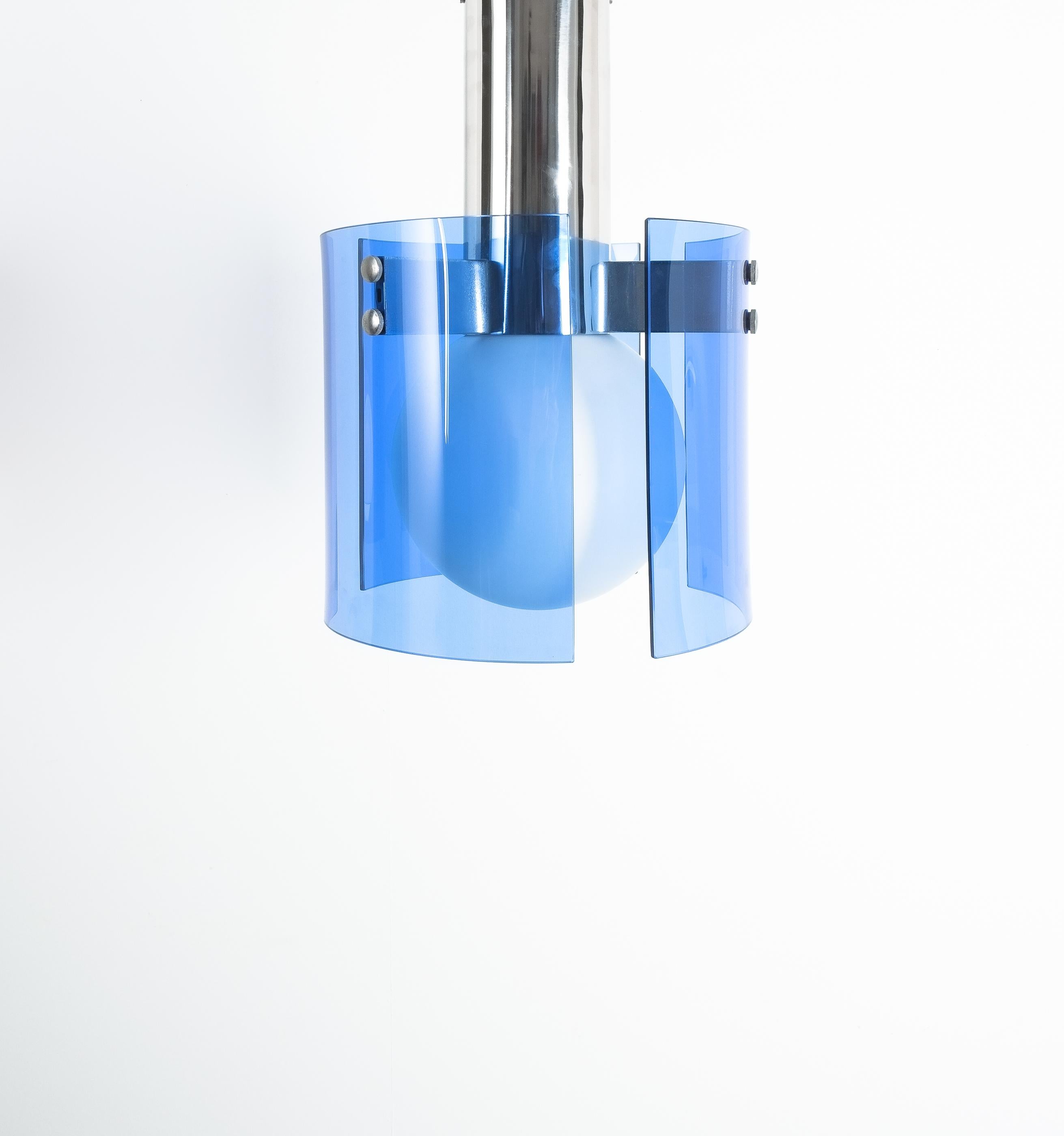 Flush Mount Semi Ceiling Lamp Blue Glass Chrome, Italy 1970 For Sale 3