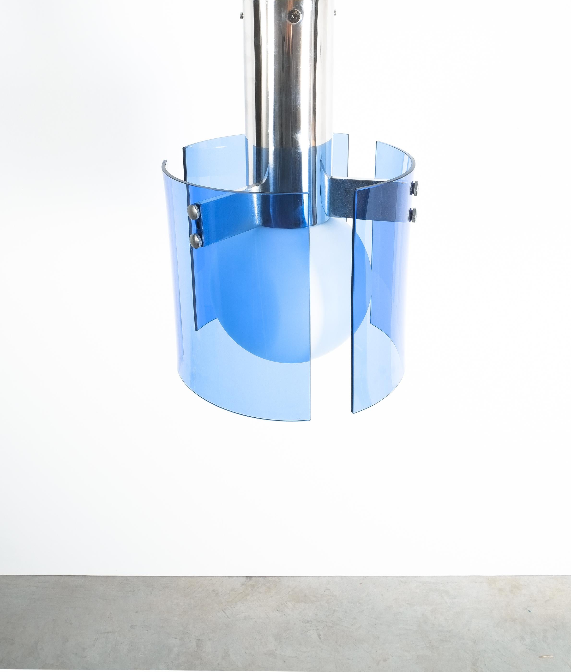 Flush Mount Semi Ceiling Lamp Blue Glass Chrome, Italy 1970 For Sale 4