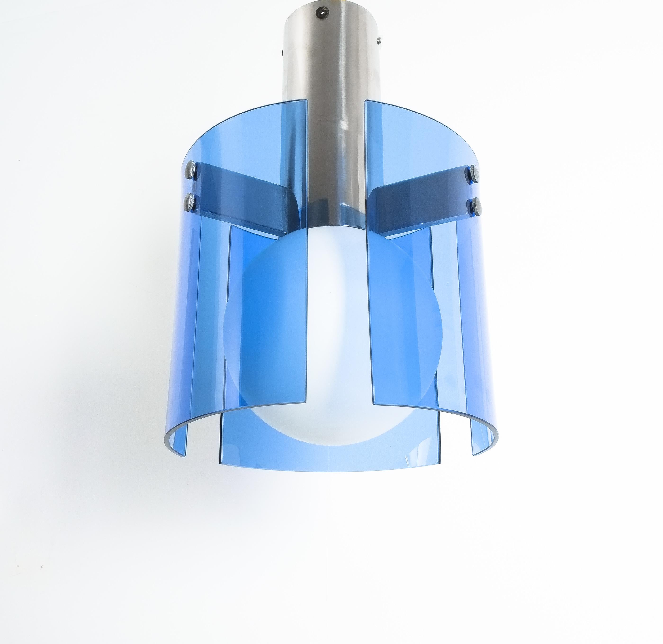 Flush Mount Semi Ceiling Lamp Blue Glass Chrome, Italy 1970 For Sale 5