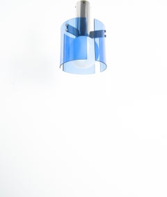 Flush Mount Semi Ceiling Lamp Blue Glass Chrome, Italy 1970
