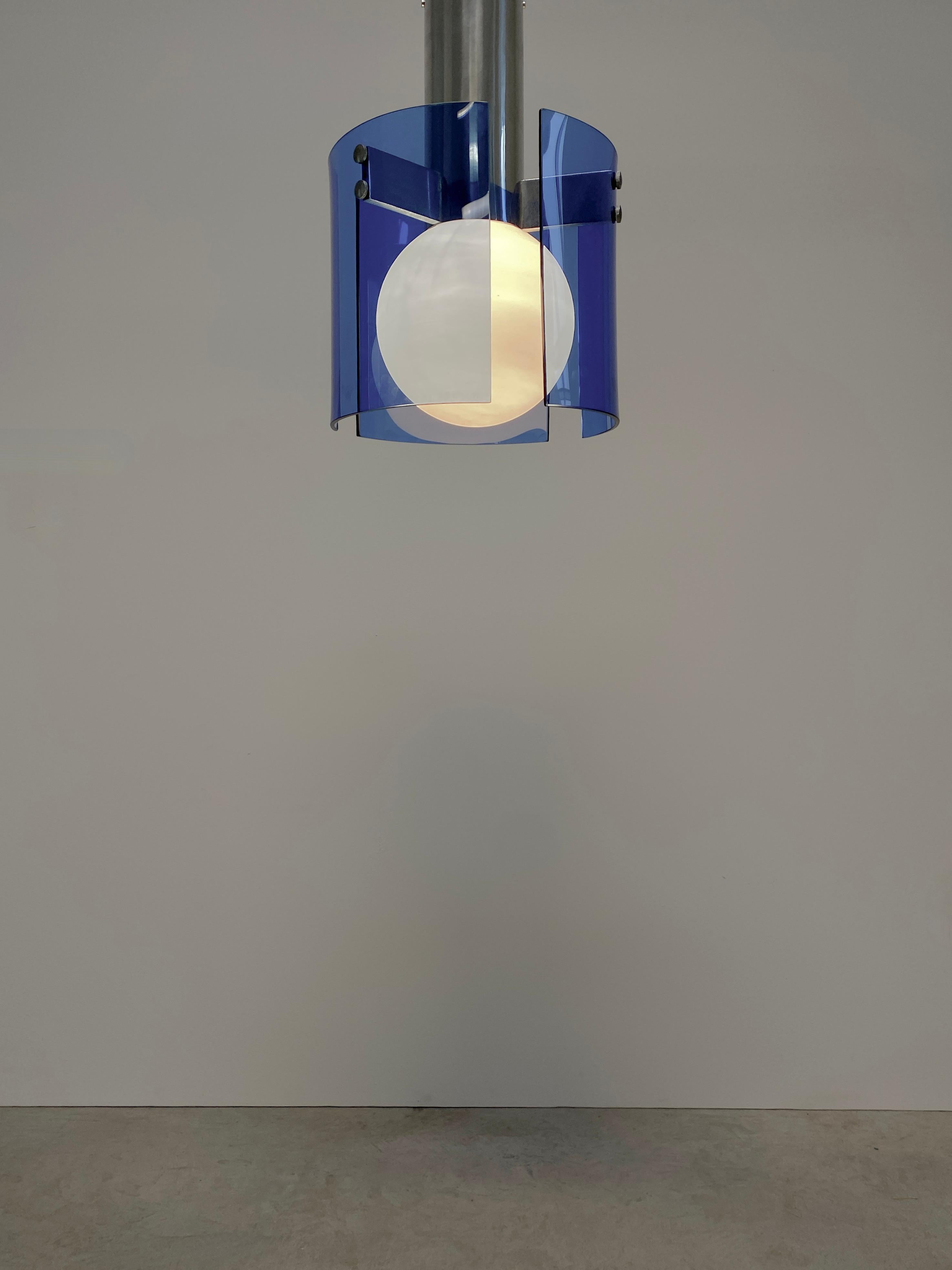 Italian Flush Mount Semi Ceiling Lamp Blue Glass Chrome, Italy 1970 For Sale