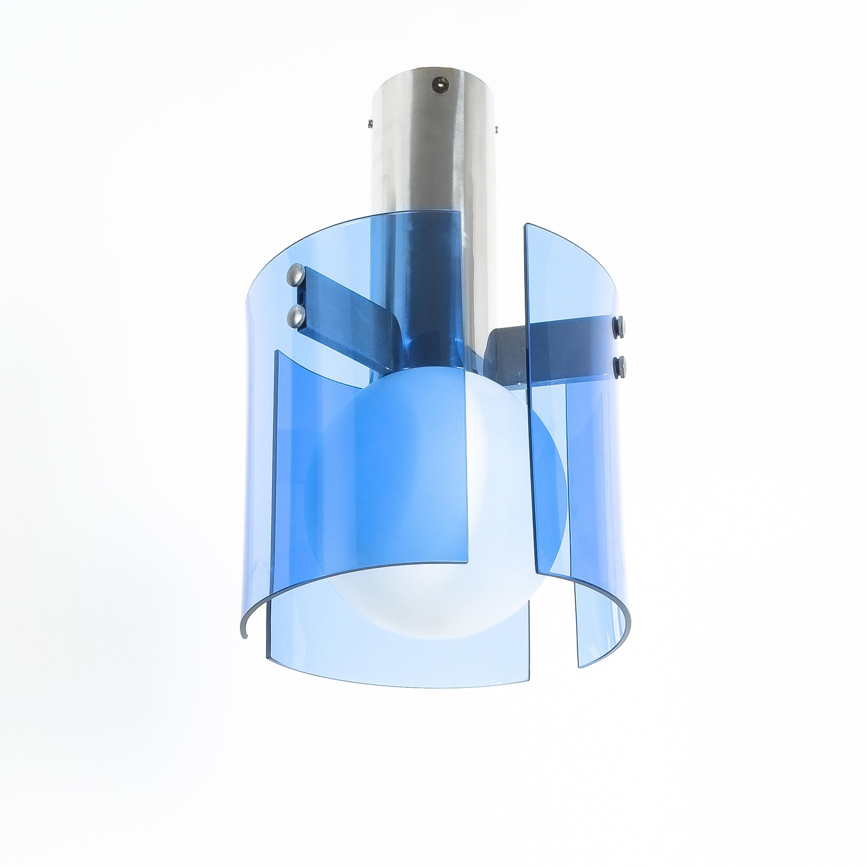 Late 20th Century Flush Mount Semi Ceiling Lamp Blue Glass Chrome, Italy 1970 For Sale