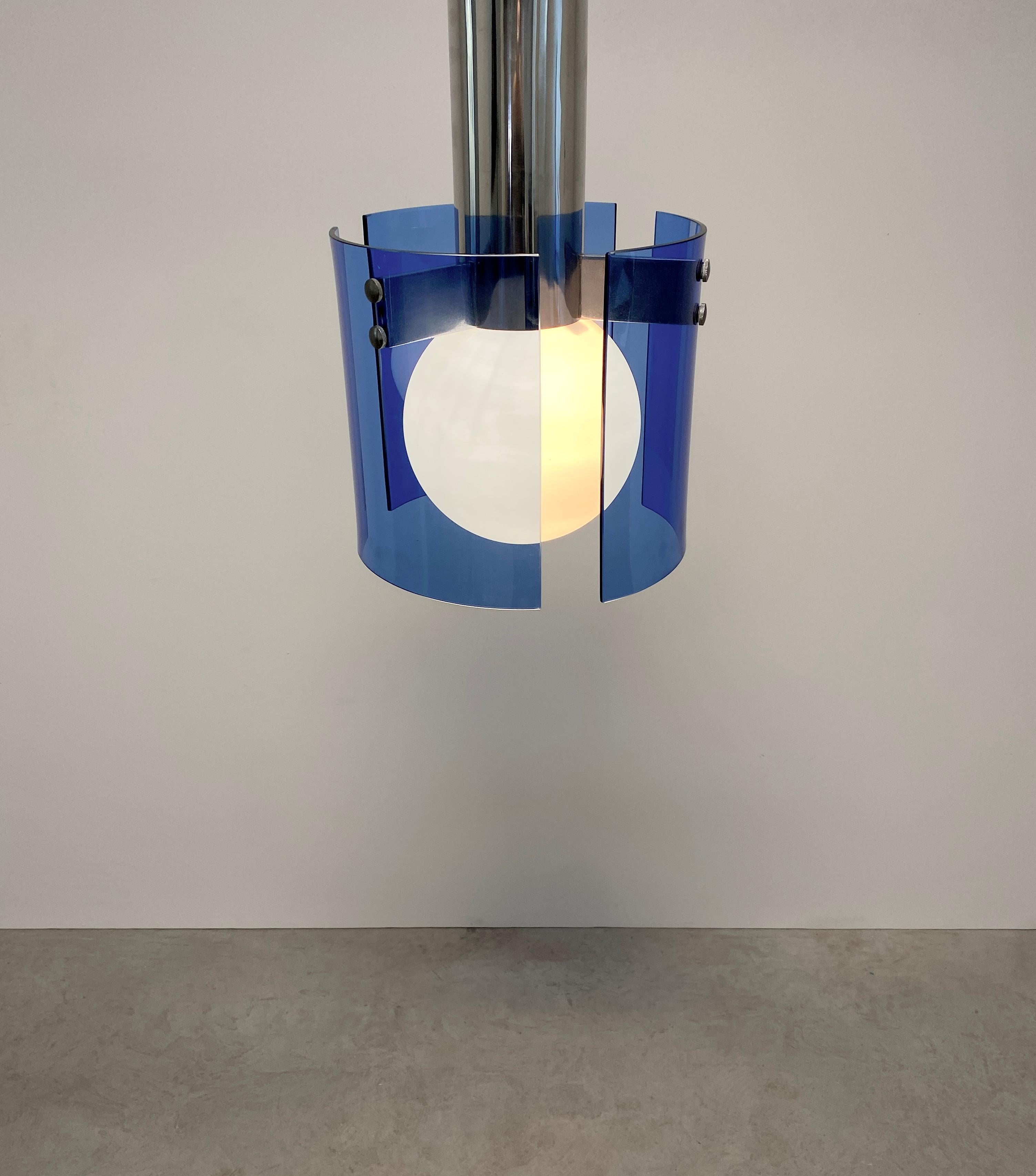 Opaline Glass Flush Mount Semi Ceiling Lamp Blue Glass Chrome, Italy 1970 For Sale