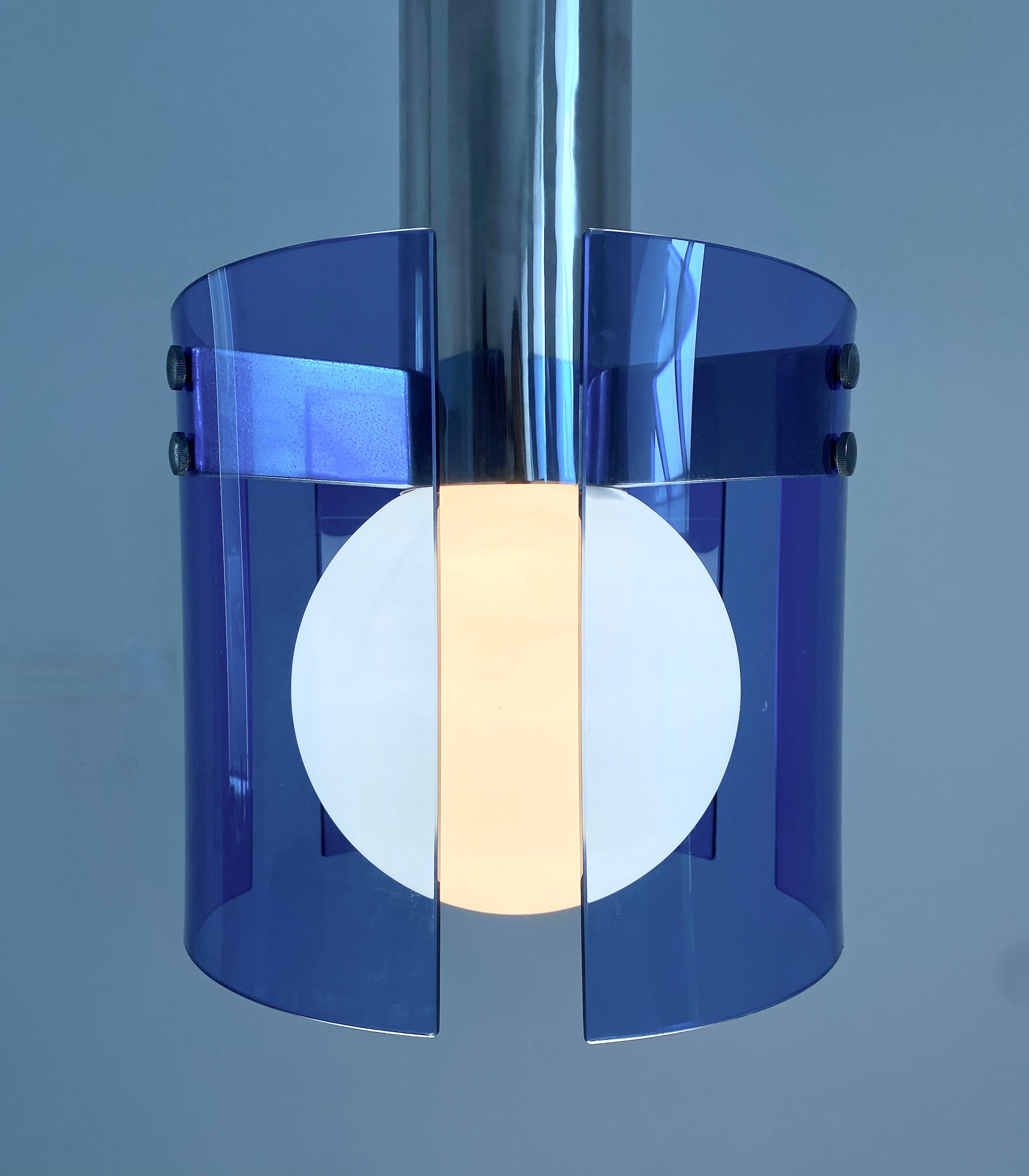 Flush Mount Semi Ceiling Lamp Blue Glass Chrome, Italy 1970 For Sale 1