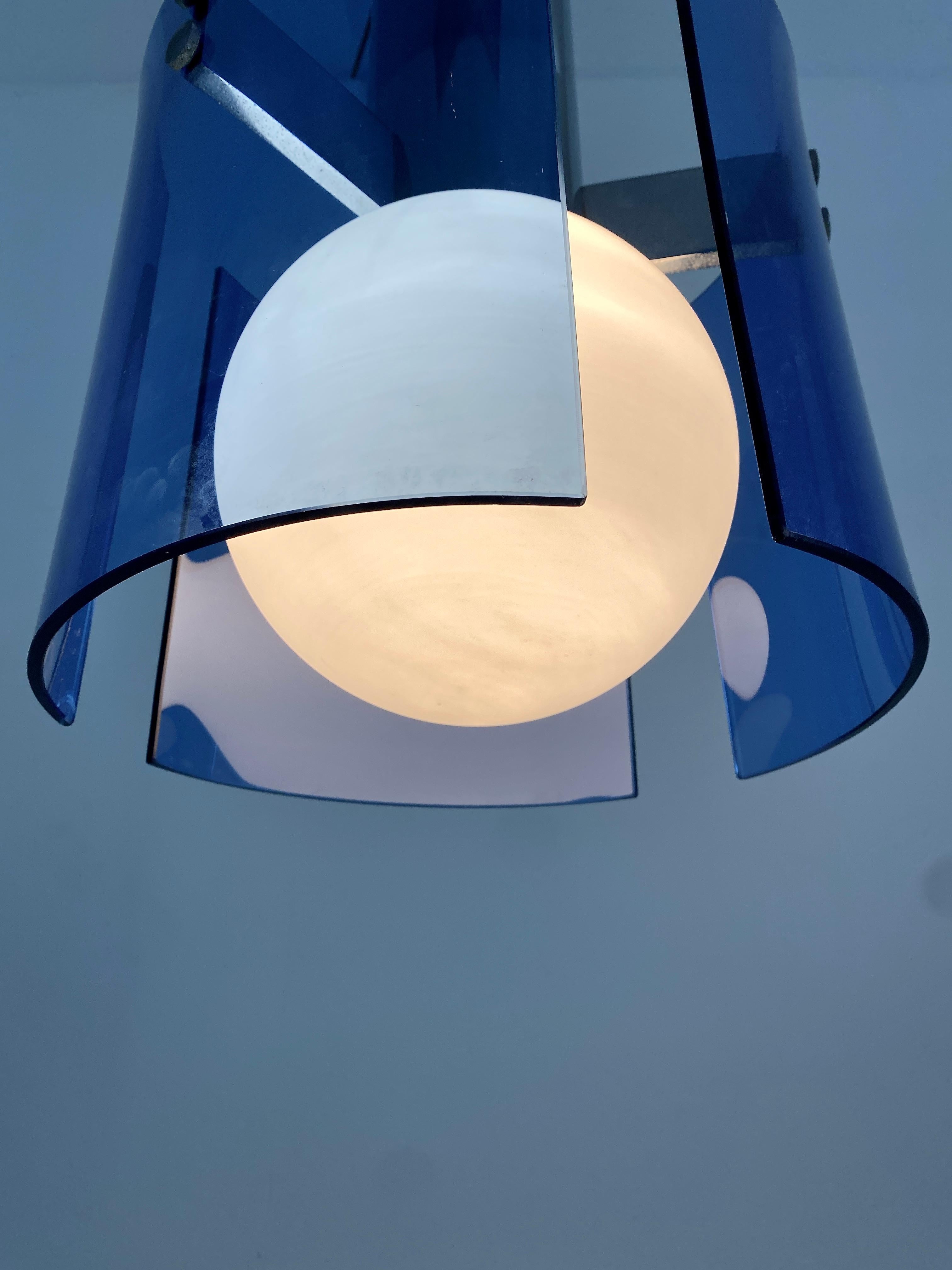 Flush Mount Semi Ceiling Lamp Blue Glass Chrome, Italy 1970 For Sale 2