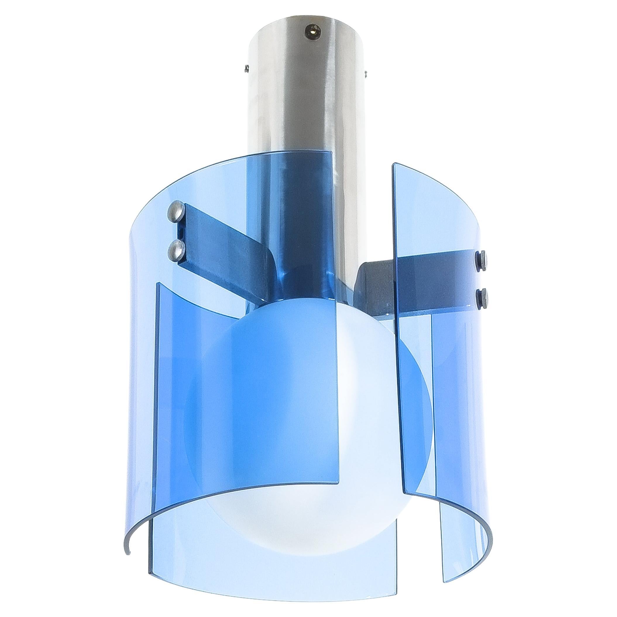 Flush Mount Semi Ceiling Lamp Blue Glass Chrome, Italy 1970 For Sale