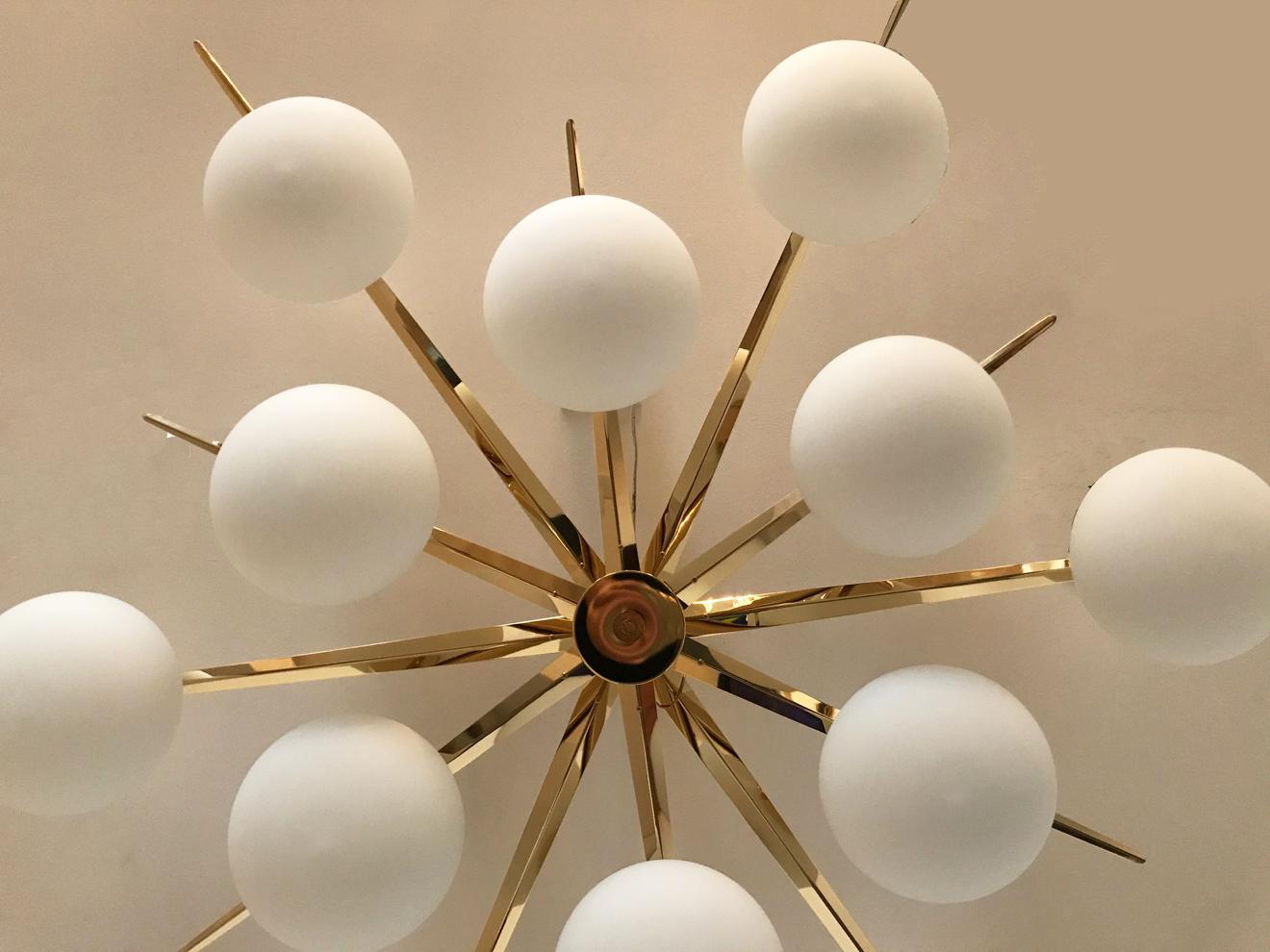 Mid-Century Modern Flush Mount Starburst Ceiling Light Brass and Glass, In stock For Sale