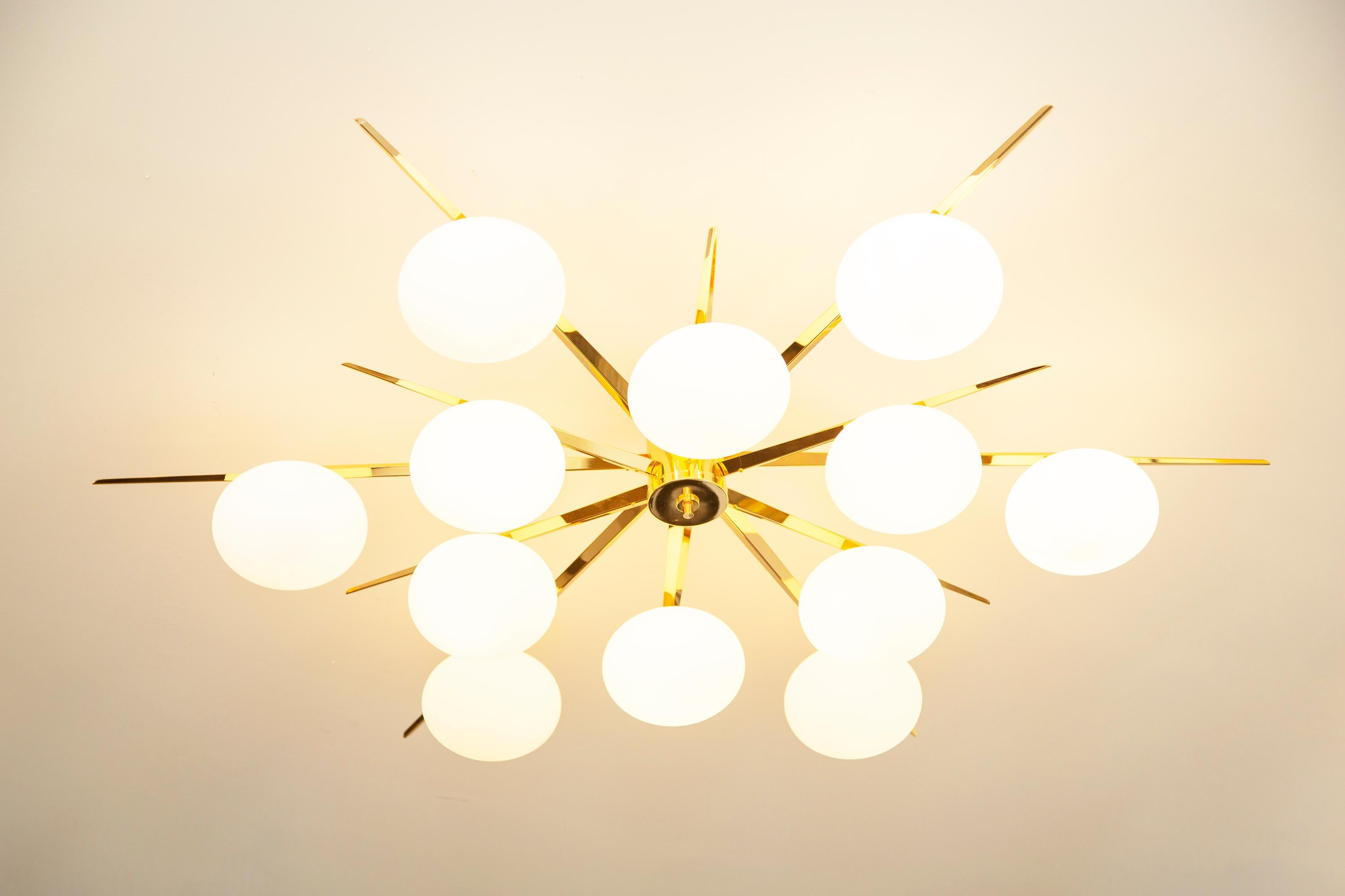 Italian Flush Mount Starburst Ceiling Light Brass and Glass, In Stock