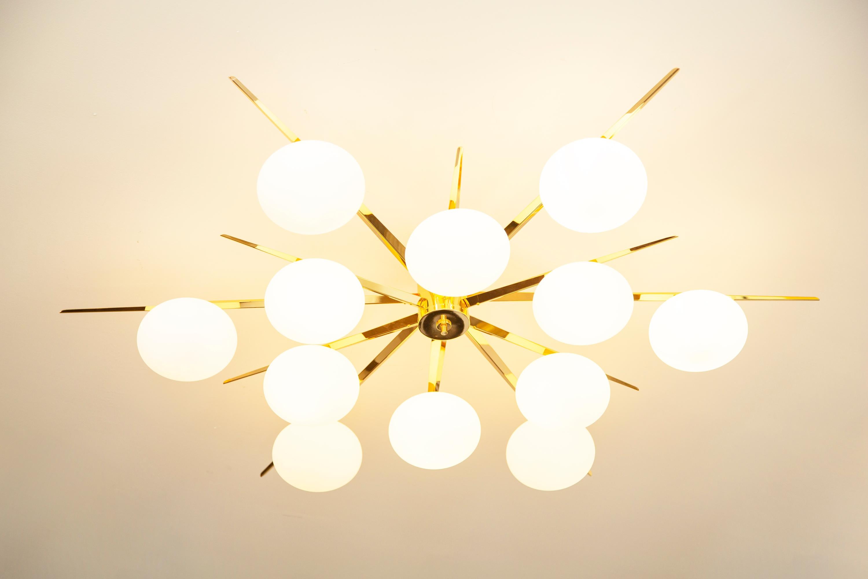 Contemporary Flush Mount Starburst Ceiling Light Brass and Glass, In stock For Sale