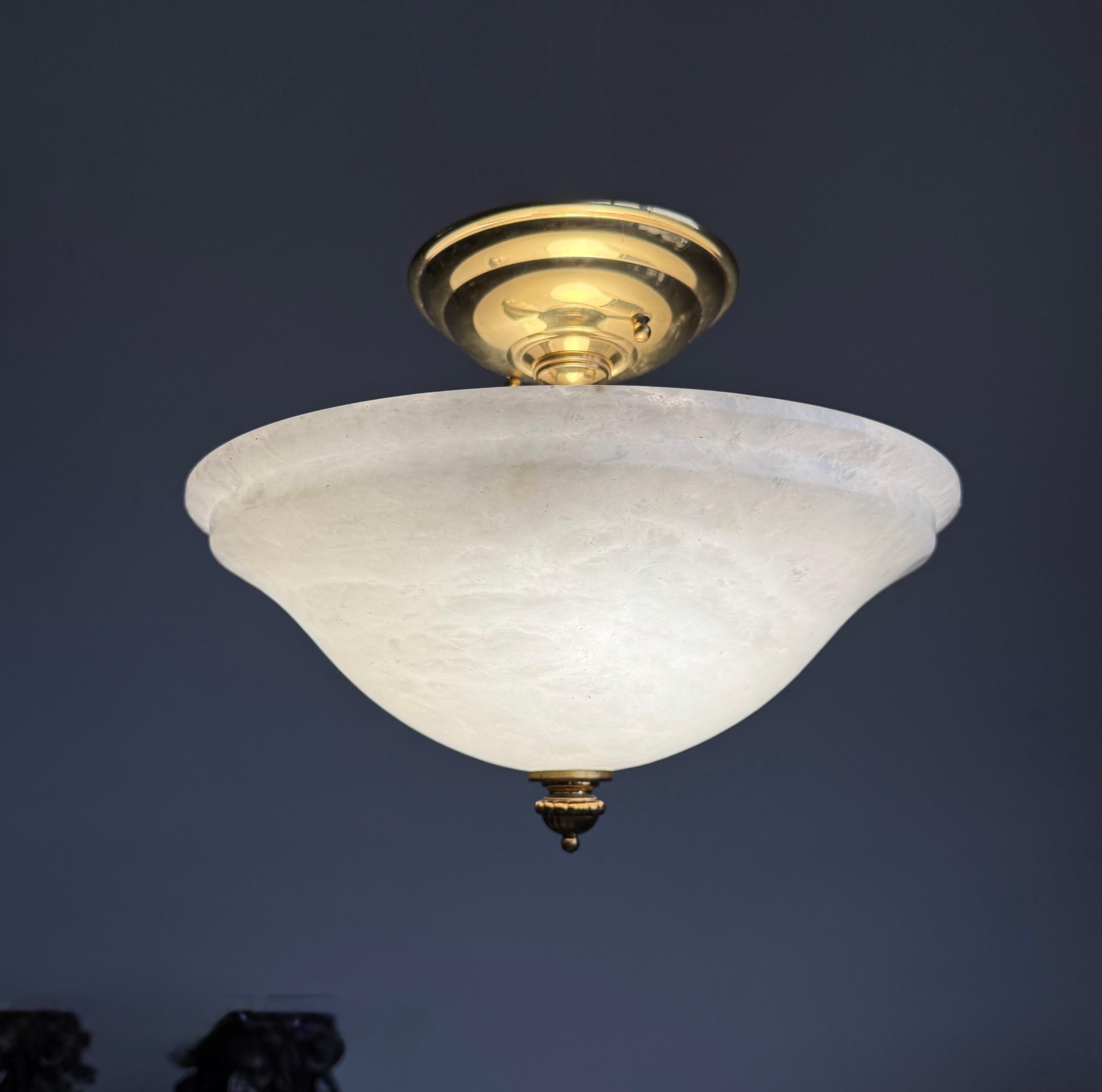 Flush Mount / Two Light Pendant Light with Stunning White Alabaster Shade, 1990s For Sale 3