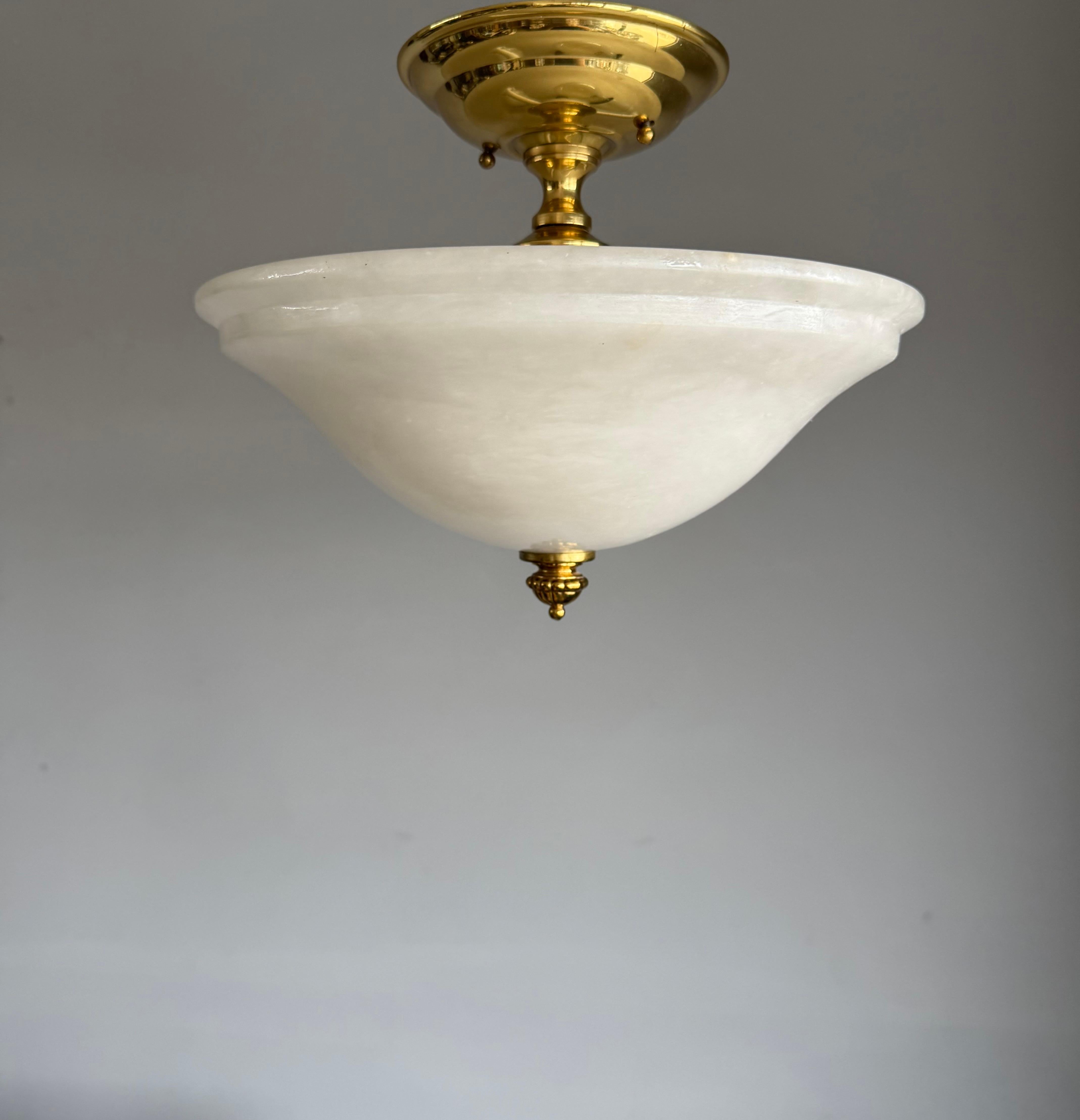 Art Deco Flush Mount / Two Light Pendant Light with Stunning White Alabaster Shade, 1990s For Sale