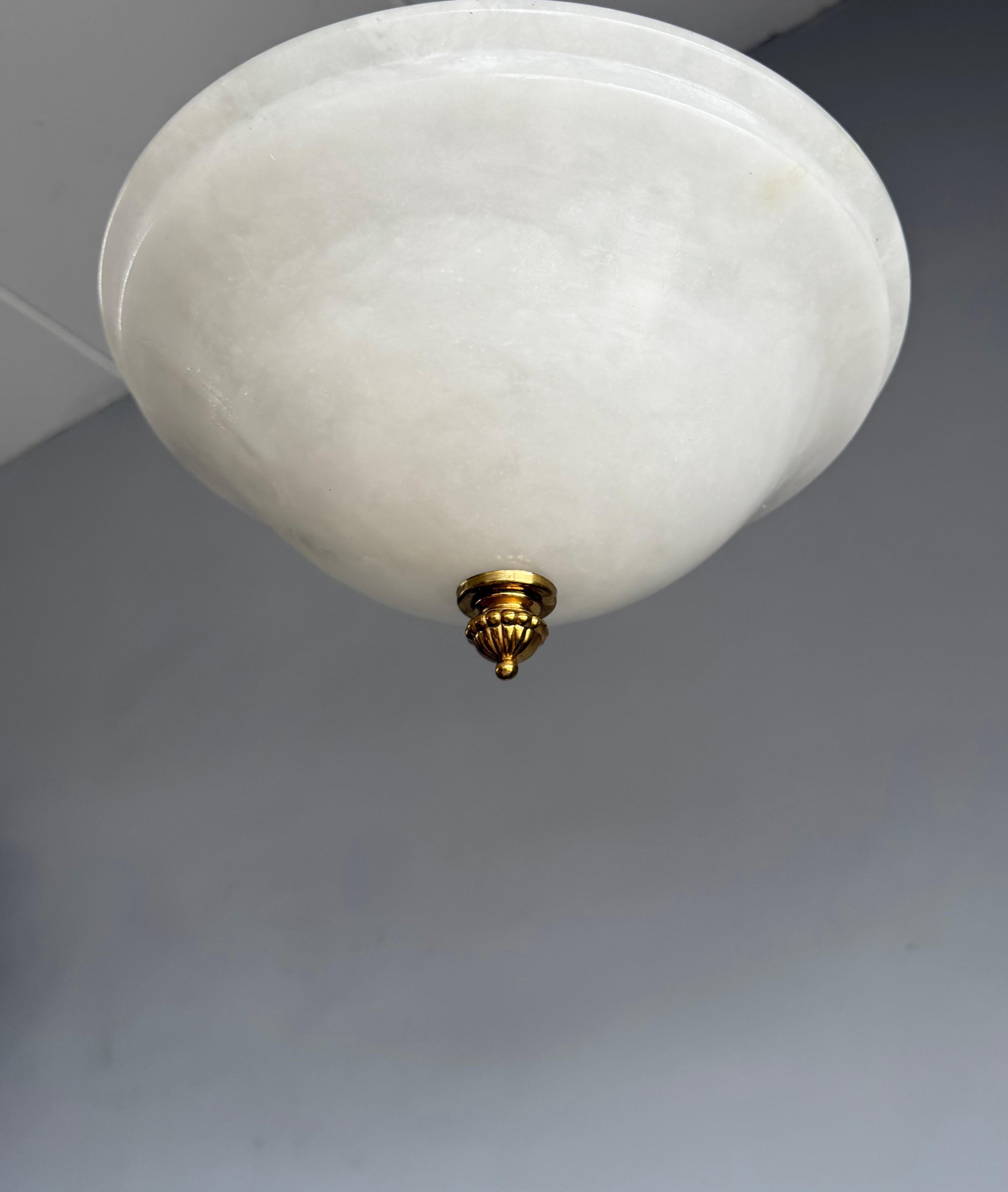 Brass Flush Mount / Two Light Pendant Light with Stunning White Alabaster Shade, 1990s For Sale