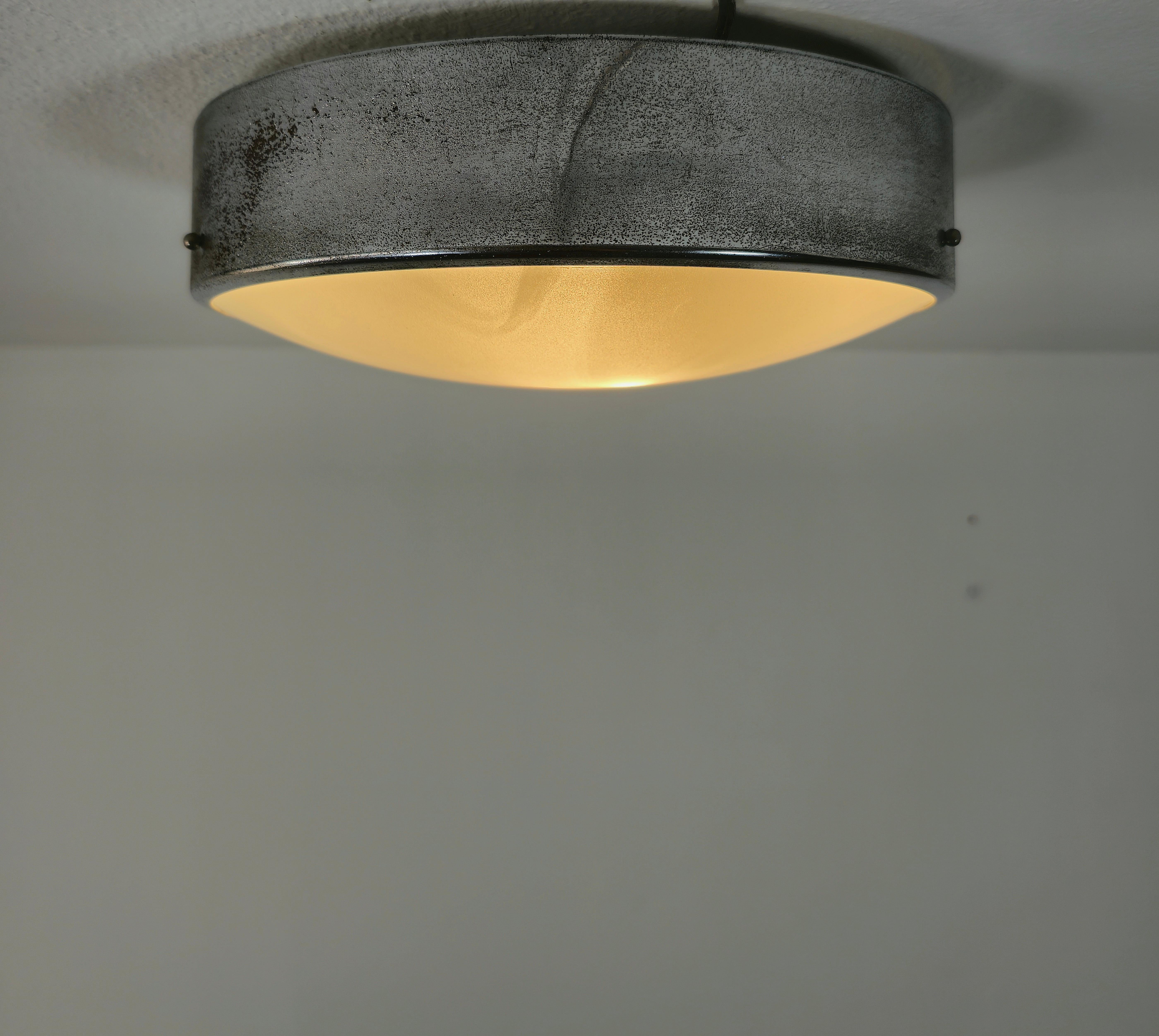 Flush Mount Wall Light Glass Metal In the Style of Fontana Arte Midcentury 1960s In Fair Condition For Sale In Palermo, IT