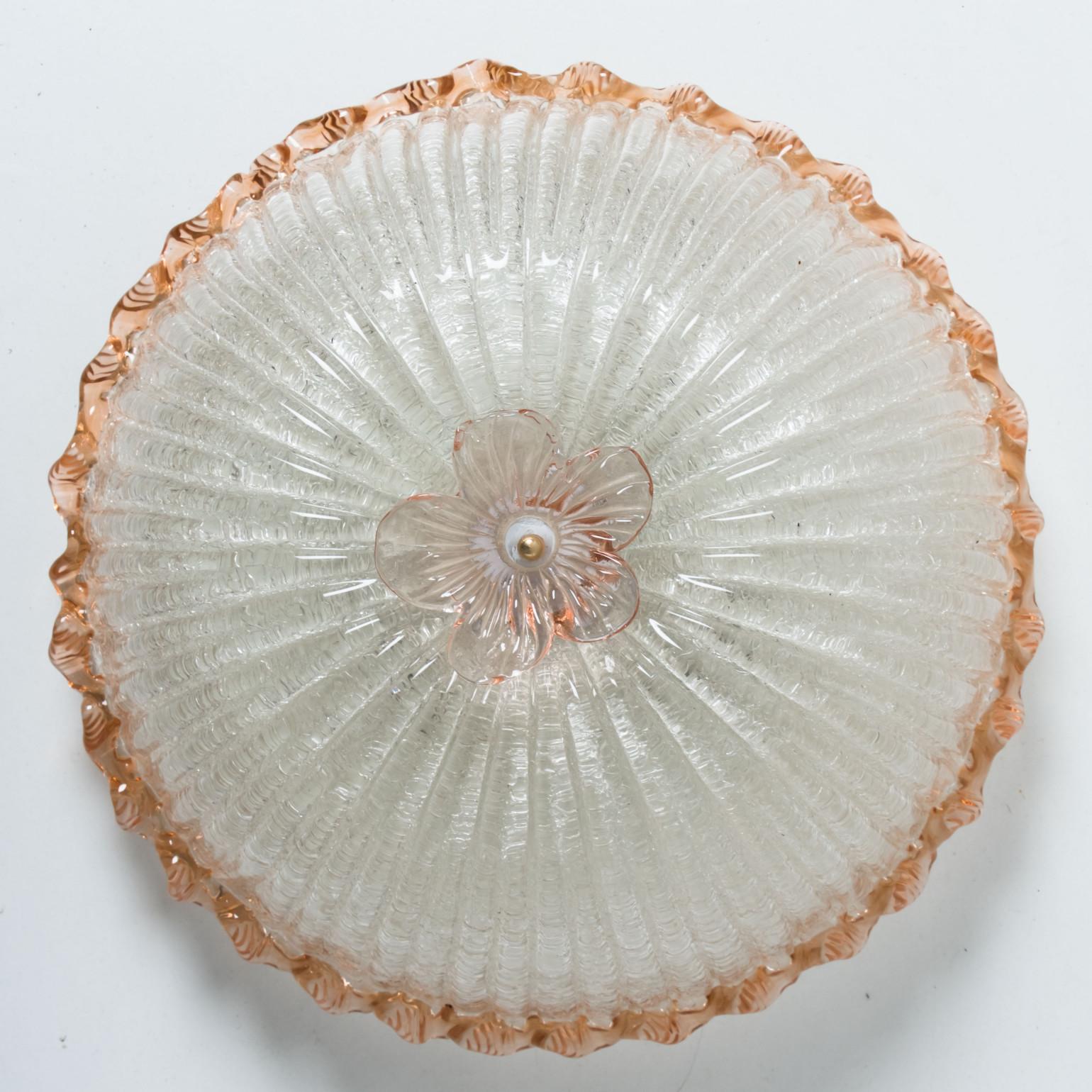 Flush Mount mit rosa und klarem Murano Glas von Barovier & Toso, Italien (20. Jahrhundert) im Angebot