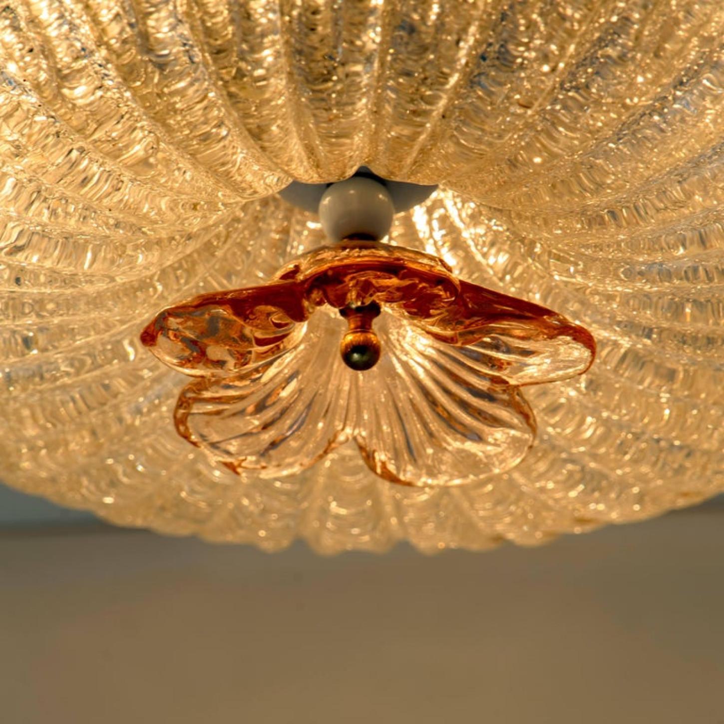 Flush Mount with Pink Salmon and Clear Murano Glass by Barovier & Toso, Italy 3