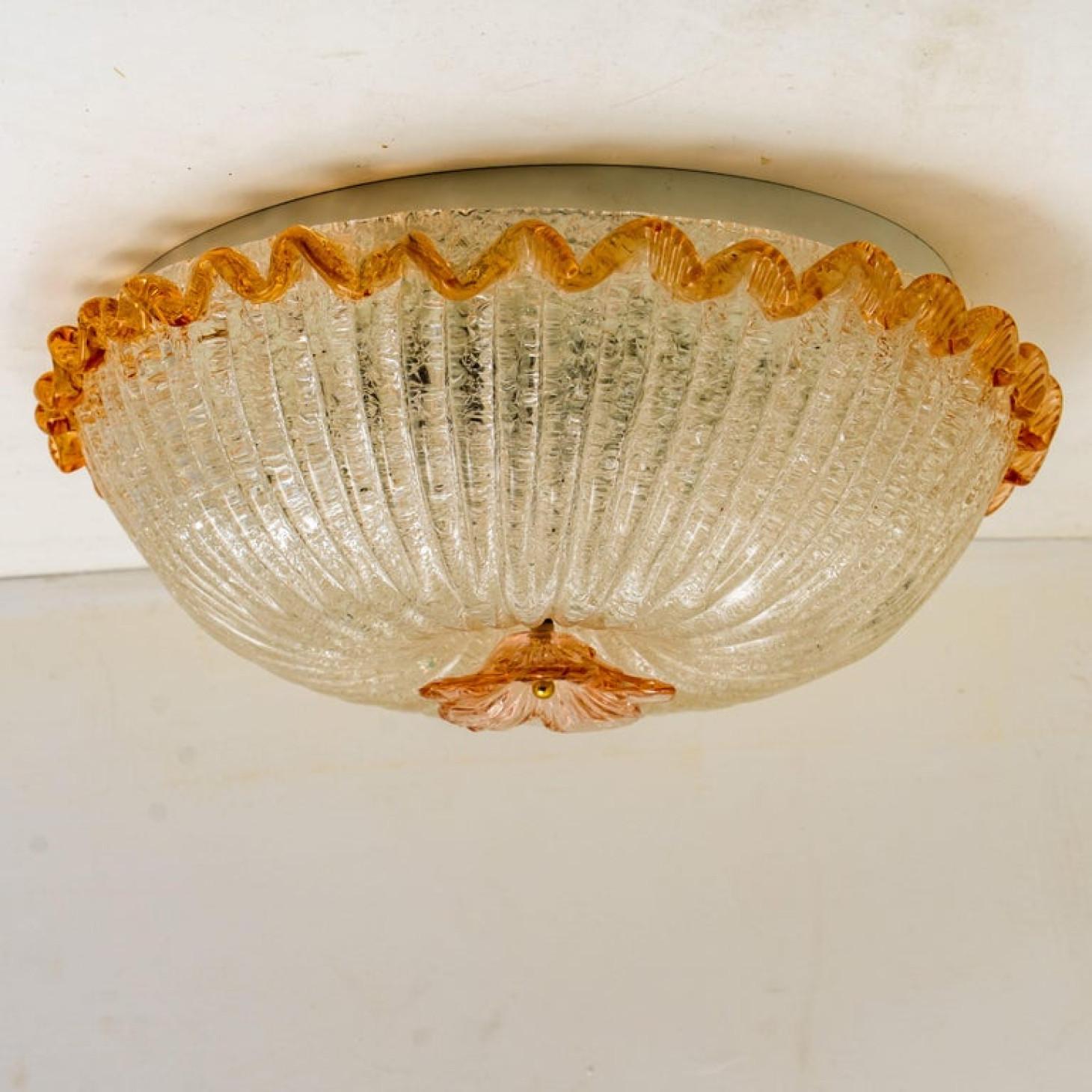 Flush Mount with Pink Salmon and Clear Murano Glass by Barovier & Toso, Italy 7