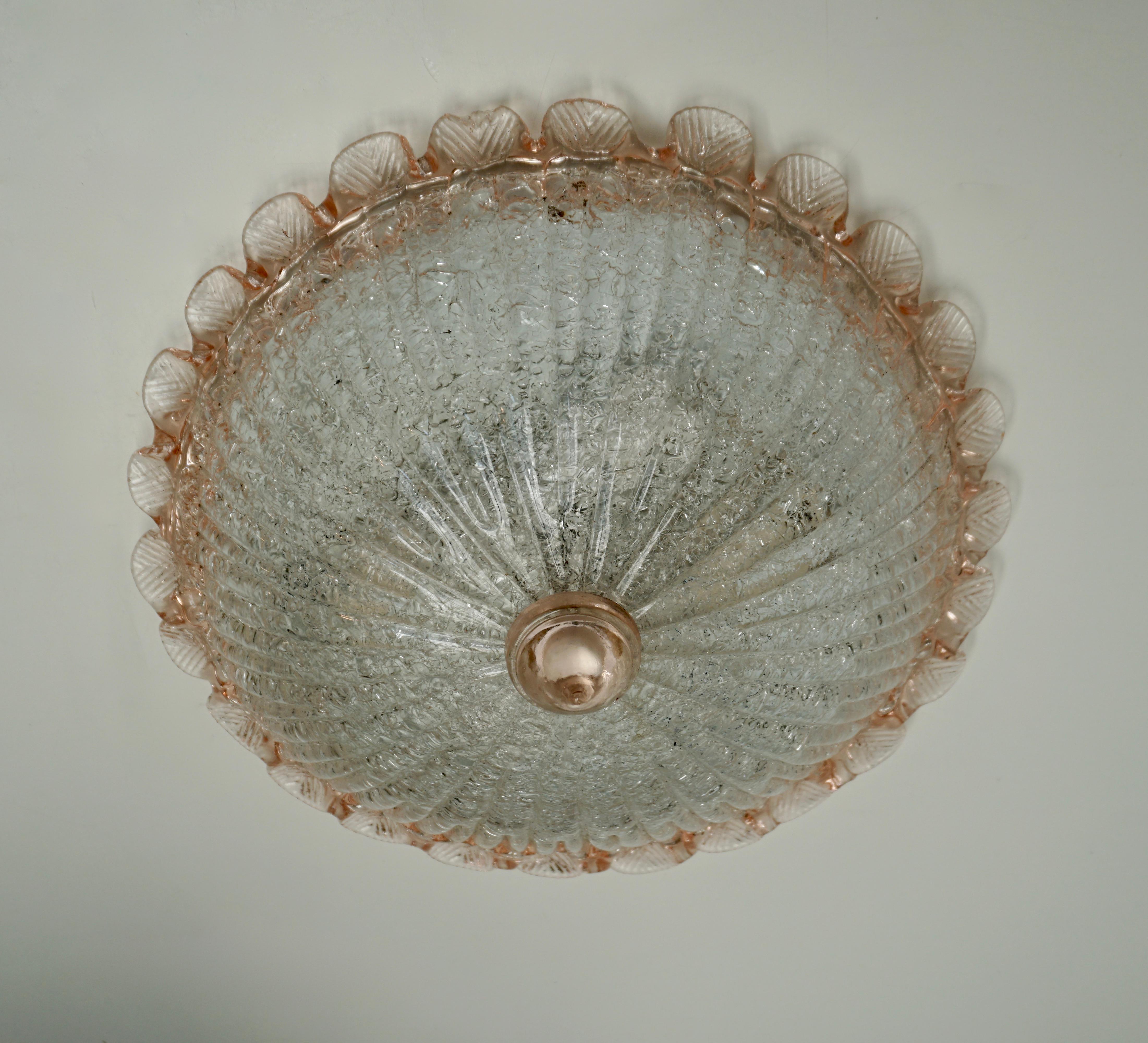 Mid-Century Modern Flushmount with Pink Salmon and Clear Murano Glass by Barovier & Toso, Italy