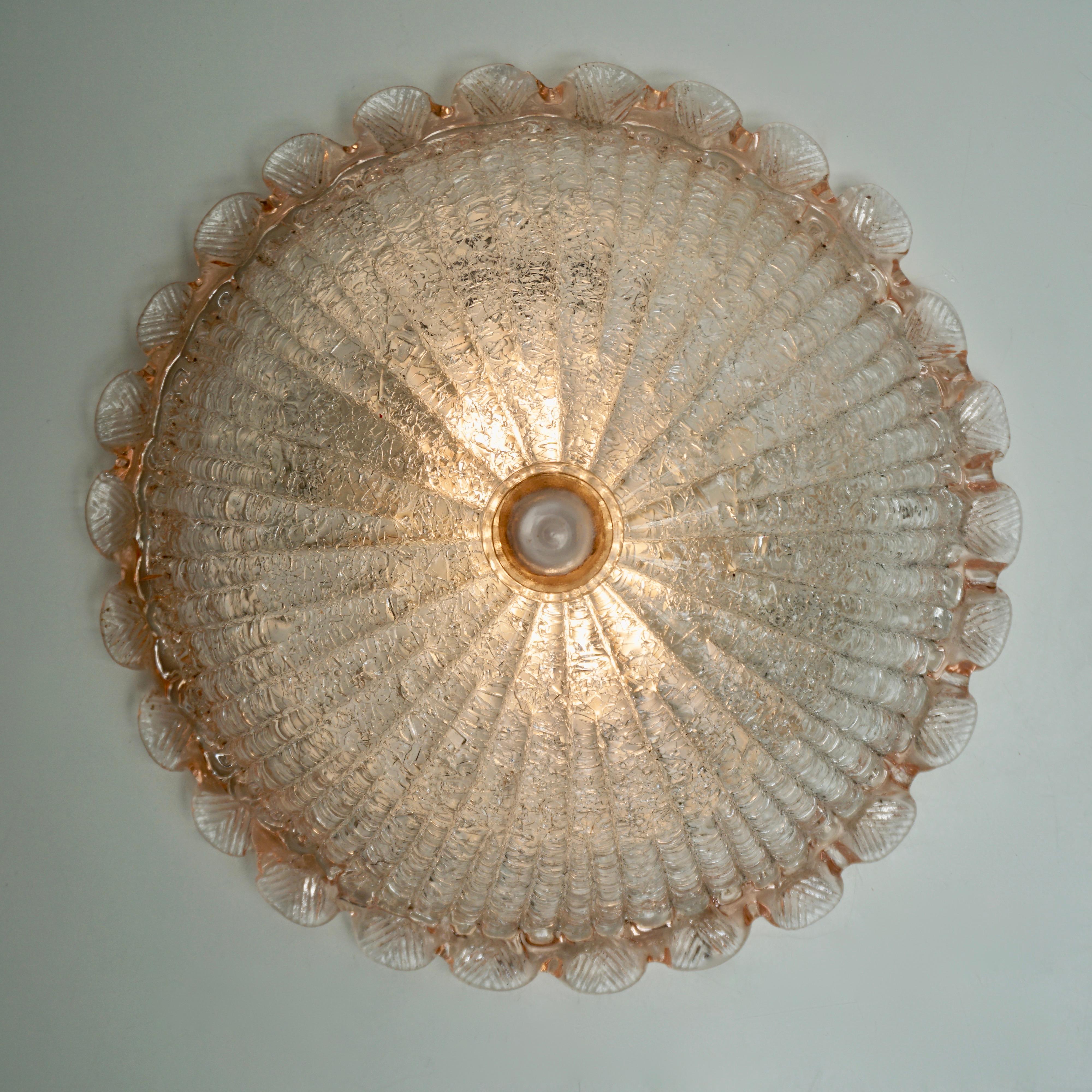 Italian Flushmount with Pink Salmon and Clear Murano Glass by Barovier & Toso, Italy