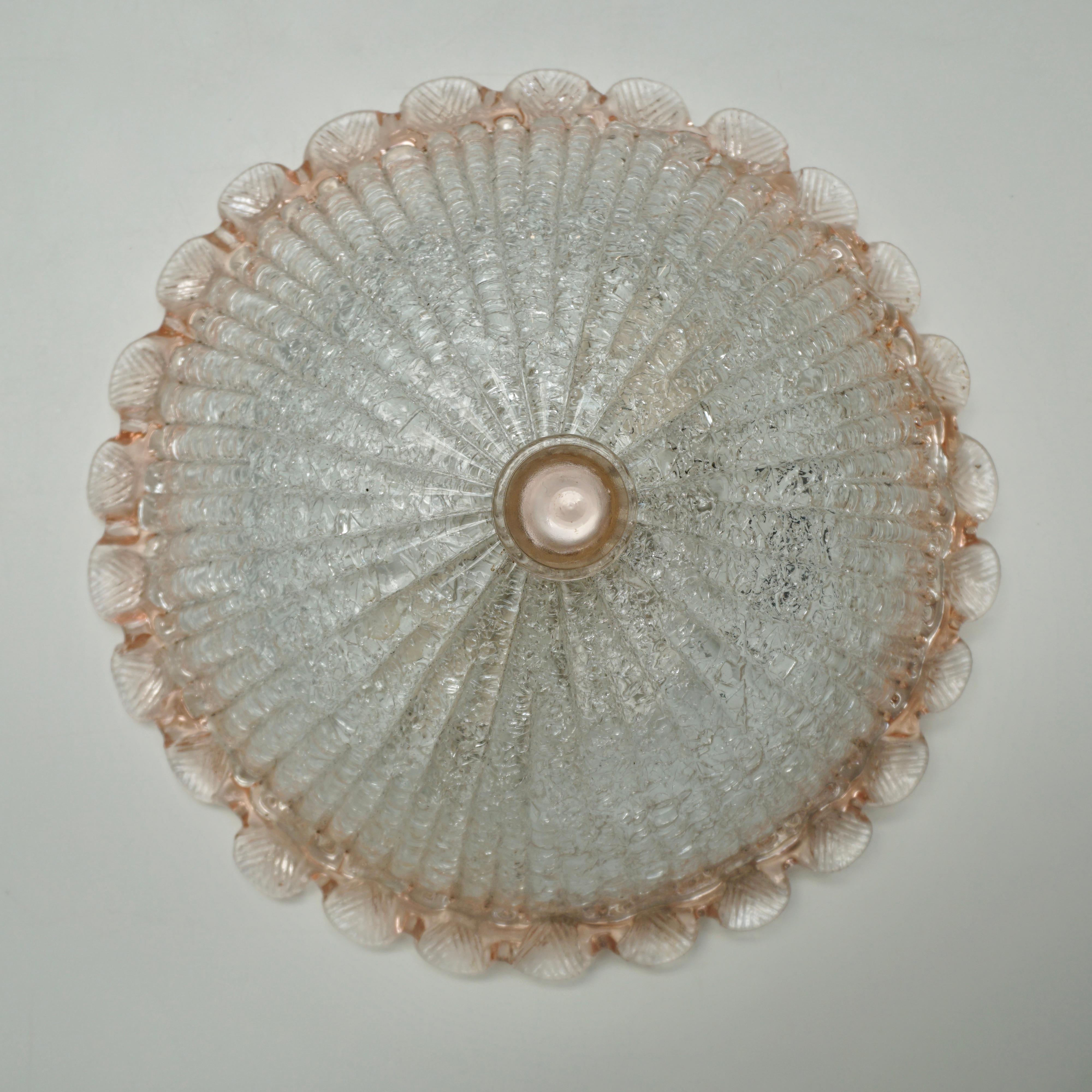 Flushmount with Pink Salmon and Clear Murano Glass by Barovier & Toso, Italy In Good Condition In Antwerp, BE