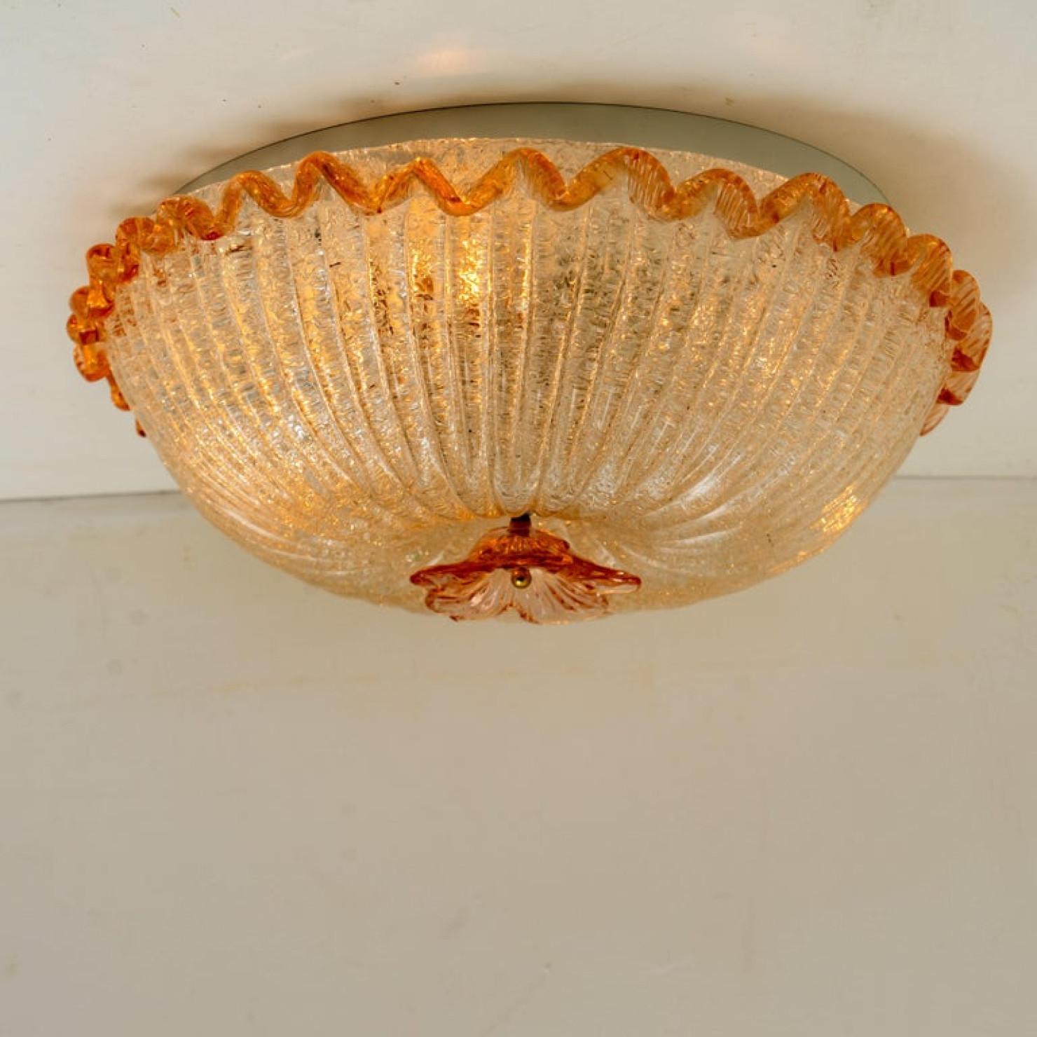 Flush Mount with Pink Salmon and Clear Murano Glass by Barovier & Toso, Italy In Good Condition In Rijssen, NL