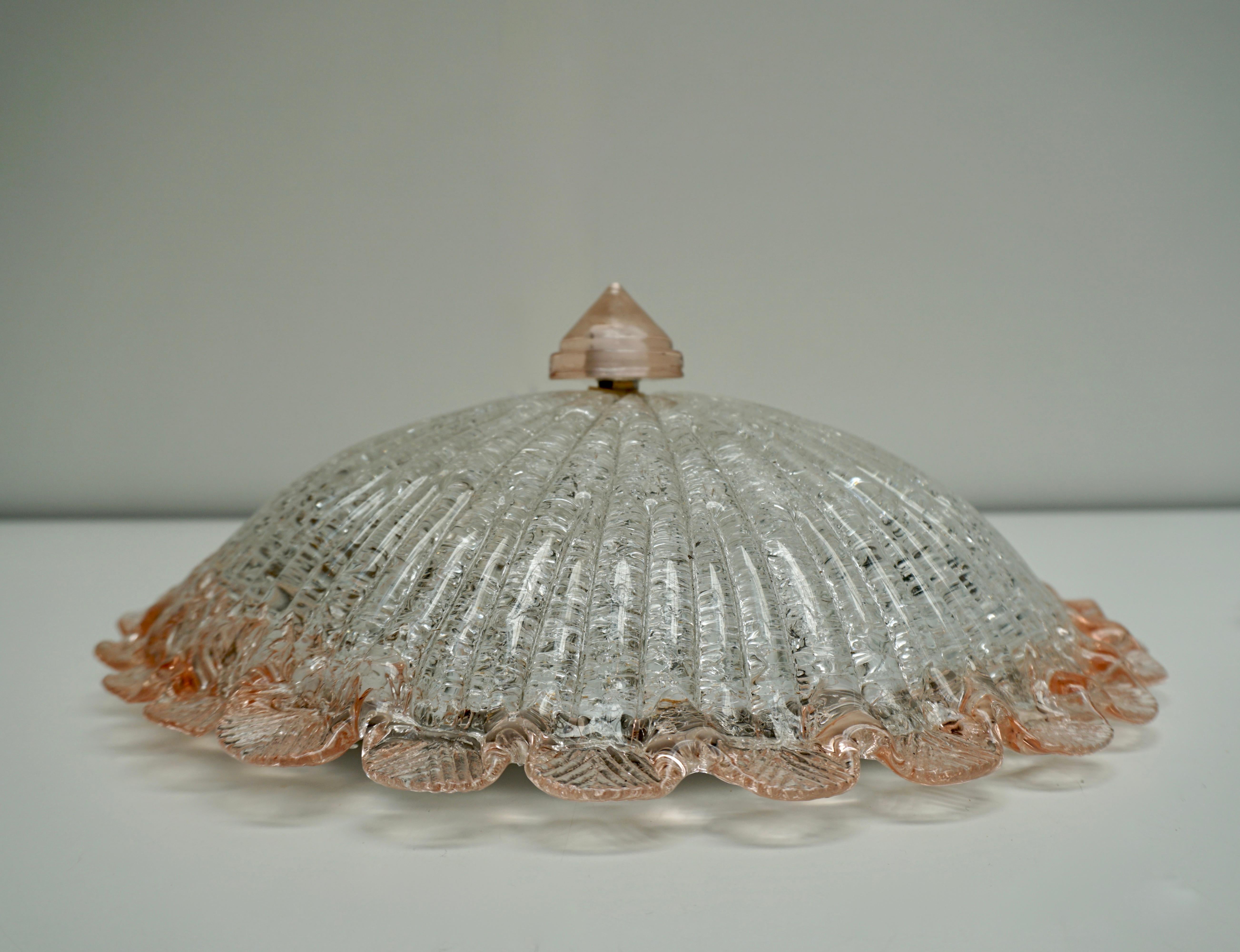 20th Century Flushmount with Pink Salmon and Clear Murano Glass by Barovier & Toso, Italy For Sale