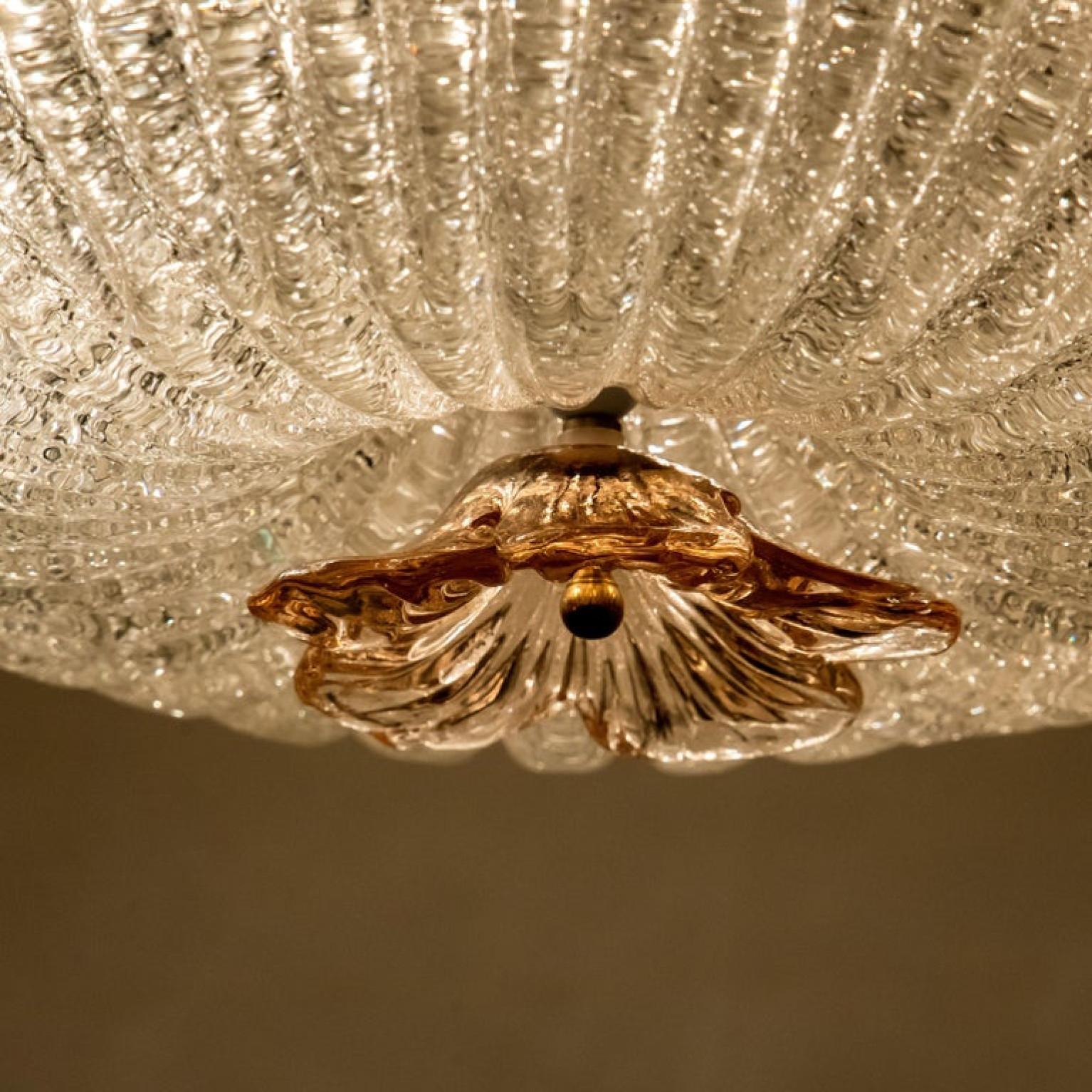 20th Century Flush Mount with Pink Salmon and Clear Murano Glass by Barovier & Toso, Italy