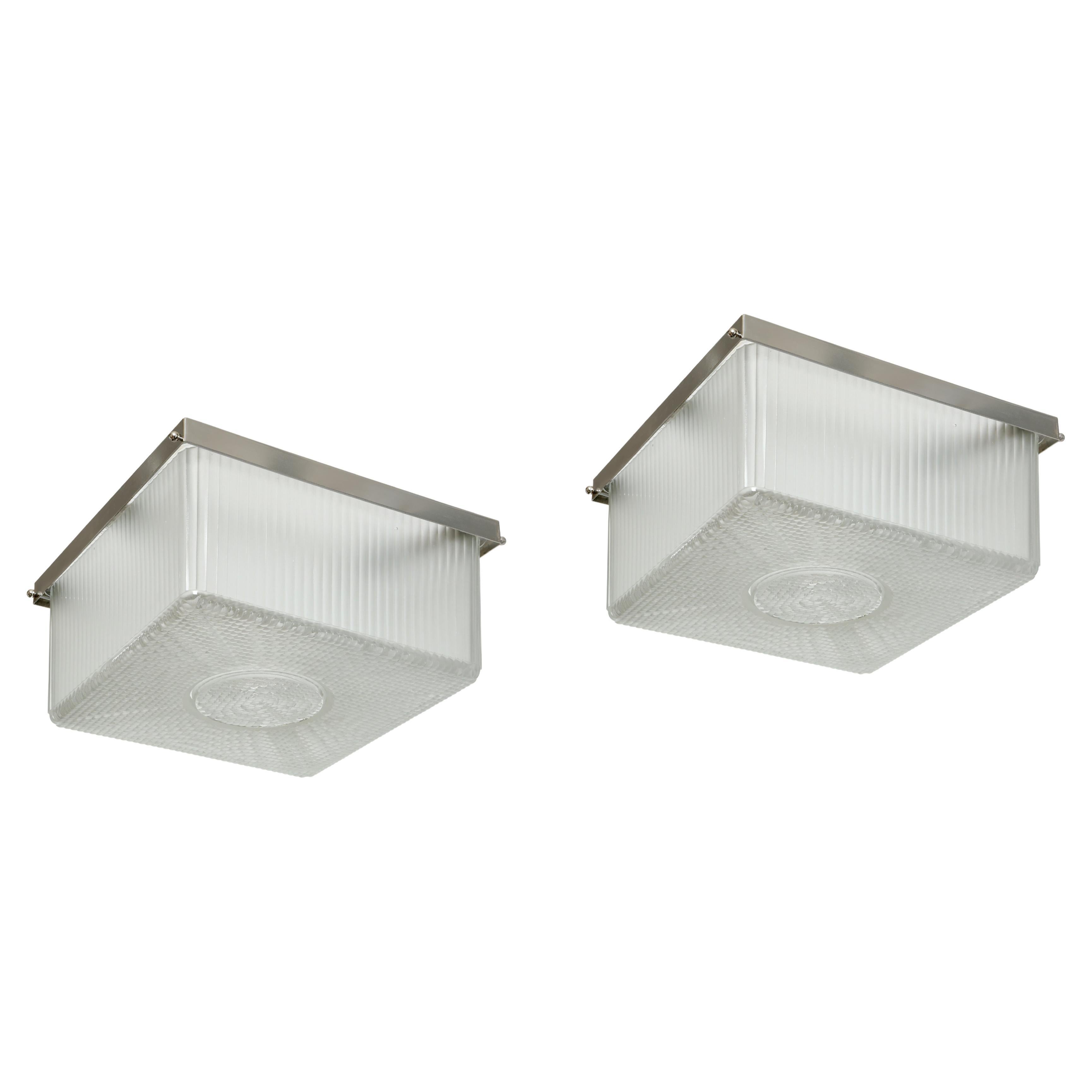 Art Deco Flush Mounts in Textured Glass, a Pair For Sale