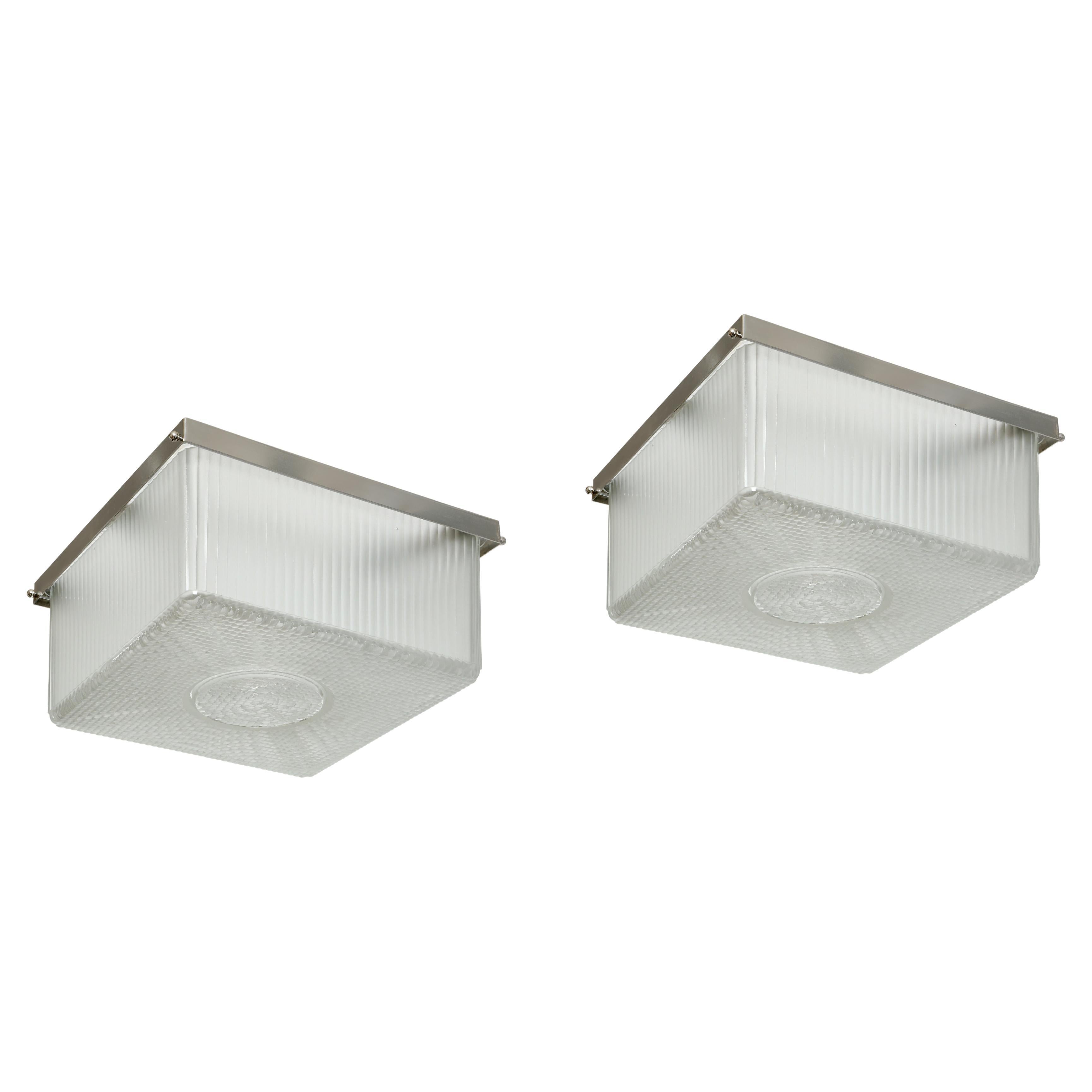 Art Deco Flush Mounts in Textured Glass, a Pair