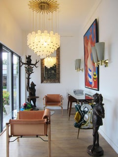 Large Flushmount Conical Murano White Glass and Brass Ceiling Light, in stock