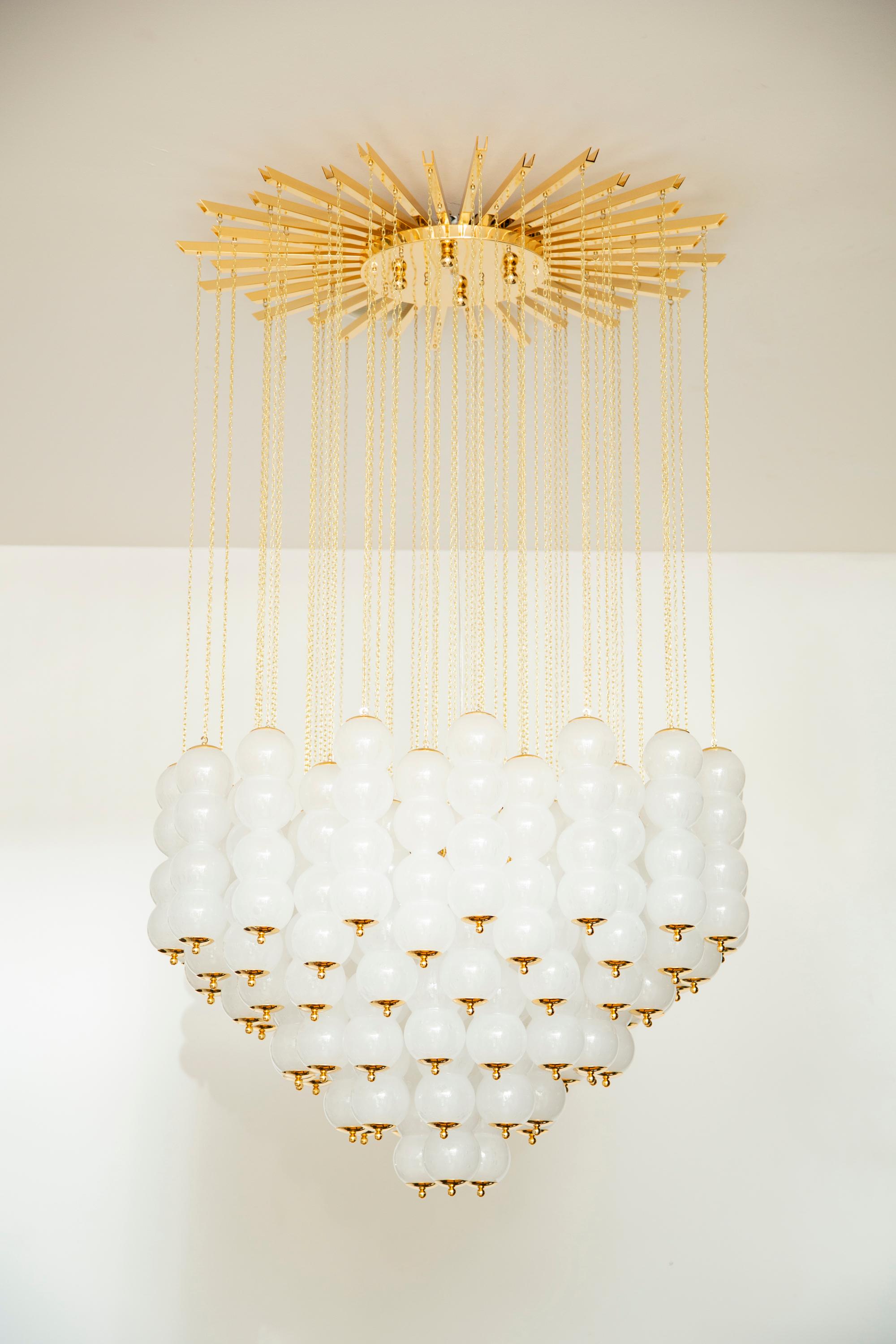 Mid-Century Modern Flushmount Murano White Glass and Brass Ceiling Light For Sale