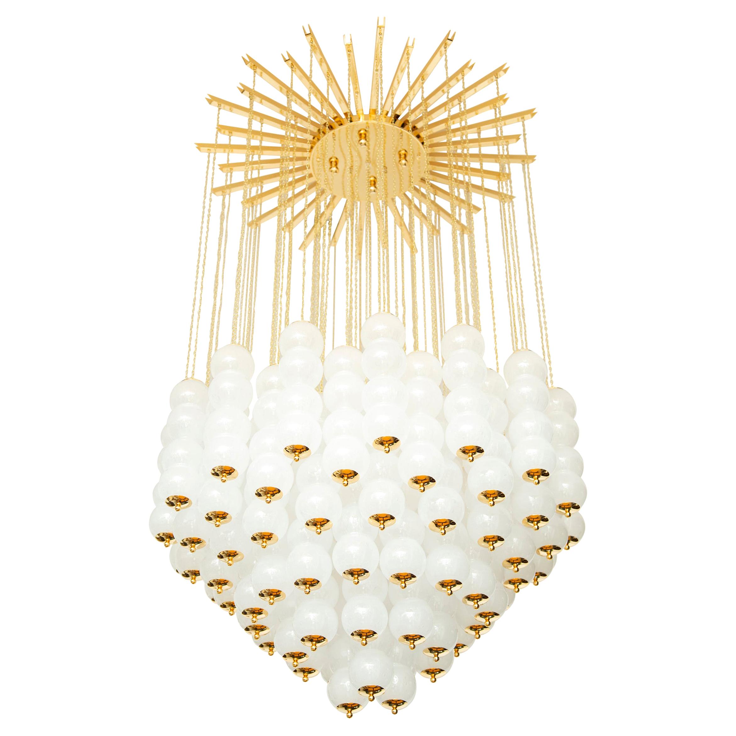 Flushmount Murano White Glass and Brass Ceiling Light, in stock