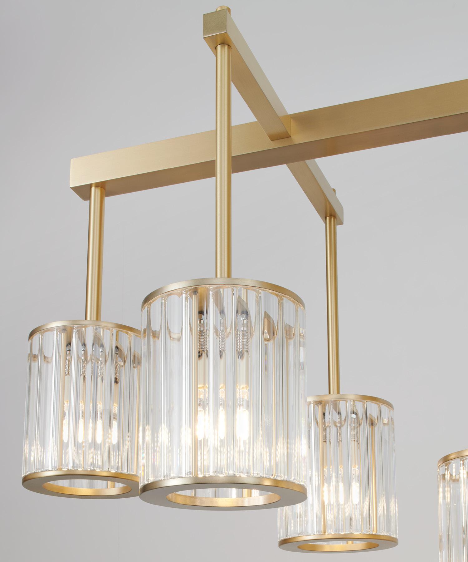 British Flute Beam Chandelier with 13 Arms in Brushed Brass and Clear Glass Diffusers For Sale