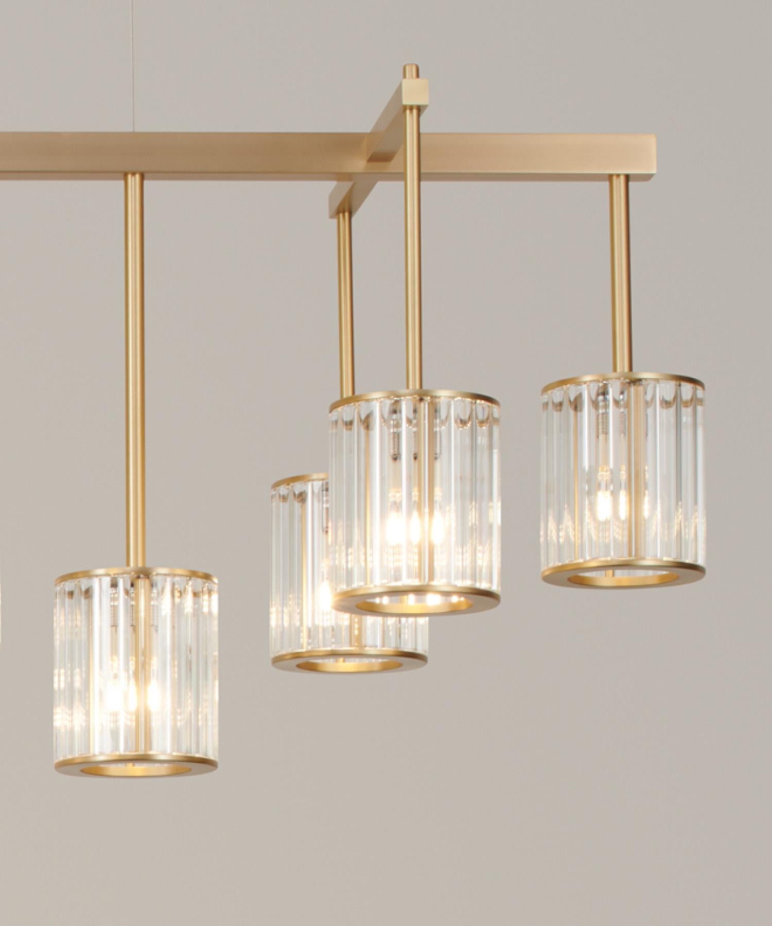 Frosted Flute Beam Chandelier with 13 Arms in Brushed Brass and Clear Glass Diffusers For Sale