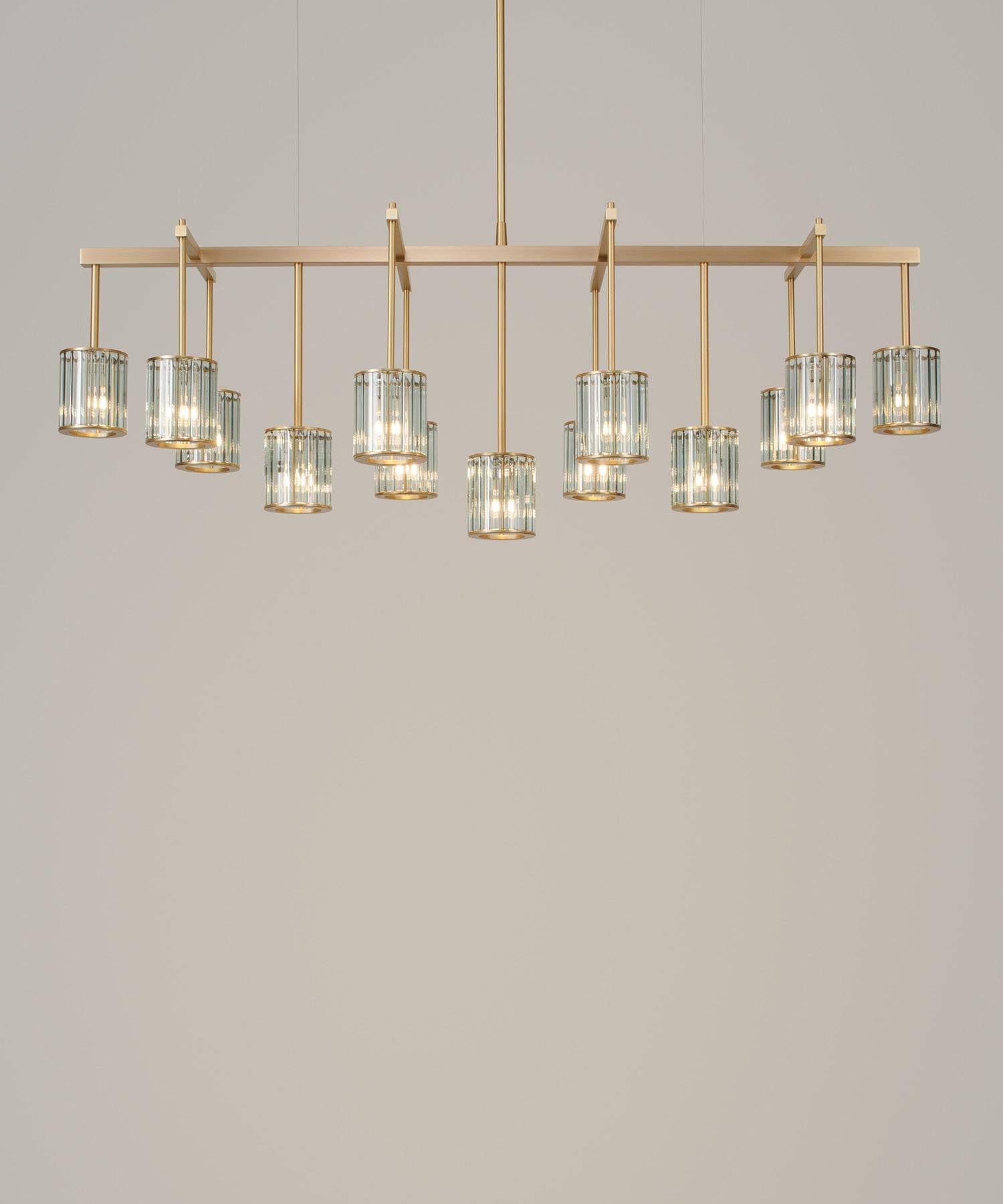 Flute Beam Chandelier with 13 Arms in Brushed Brass and Clear Glass Diffusers In New Condition For Sale In London, GB