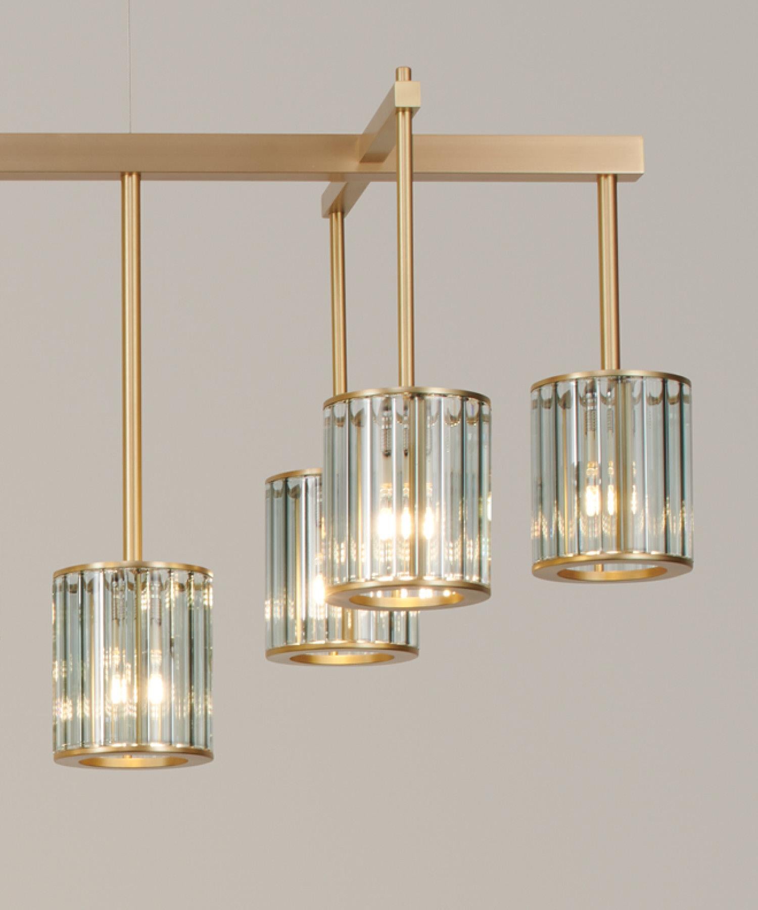 Contemporary Flute Beam Chandelier with 13 Arms in Brushed Brass and Clear Glass Diffusers For Sale