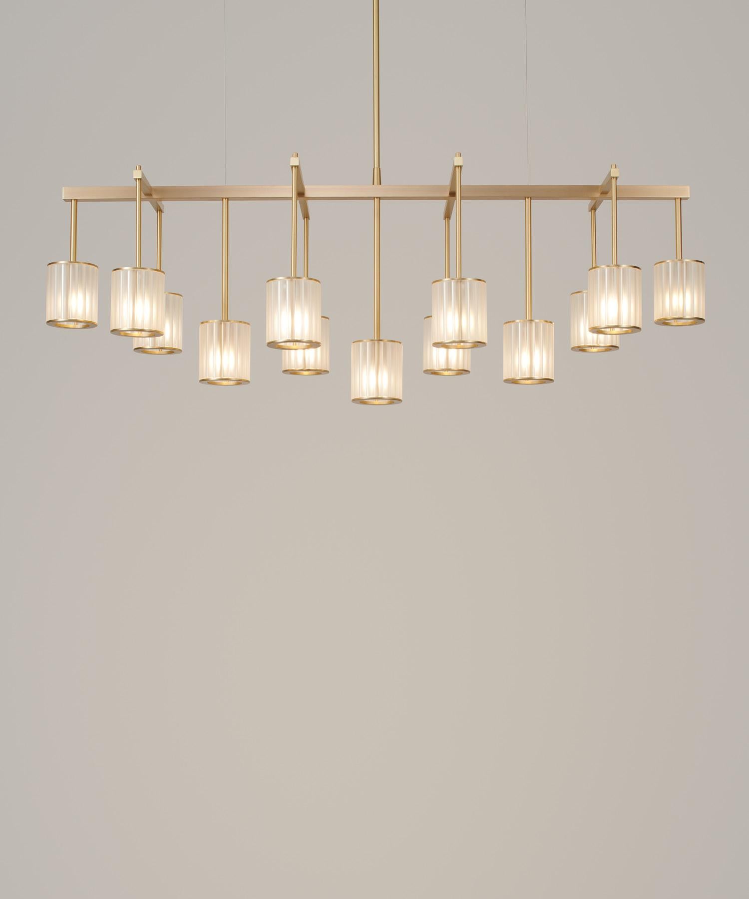 Flute Beam Chandelier with 13 Arms in Brushed Brass and Clear Glass Diffusers For Sale 1