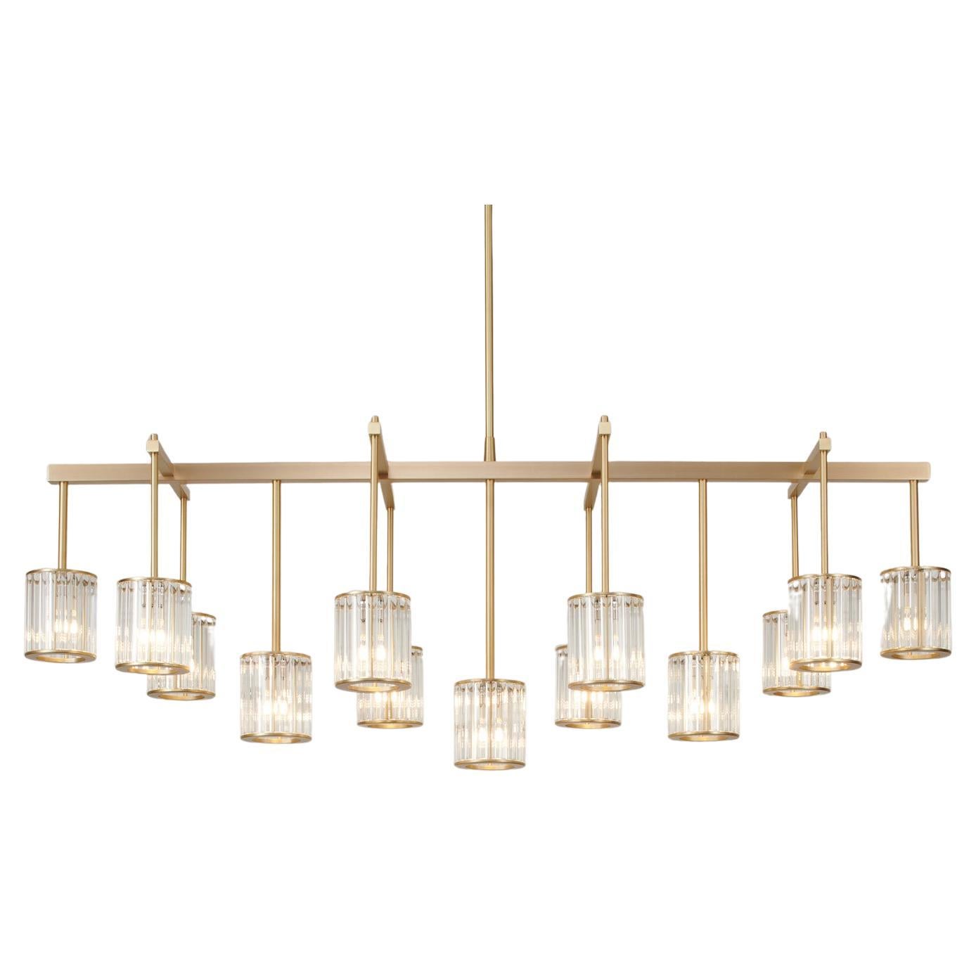 Flute Beam Chandelier with 13 Arms in Brushed Brass and Clear Glass Diffusers For Sale