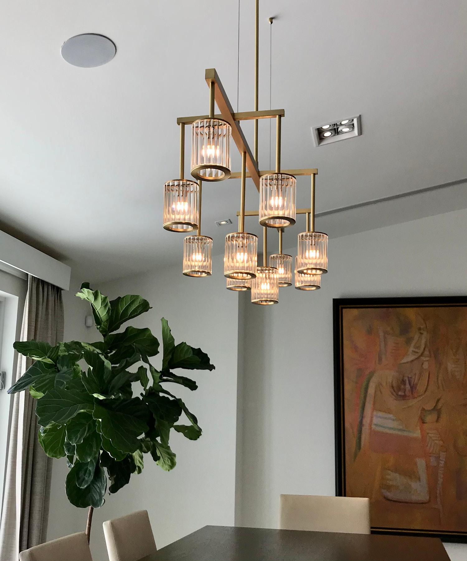 Flute Beam Chandelier with 13 Arms in Brushed Brass and Frosted Glass Diffusers For Sale 8