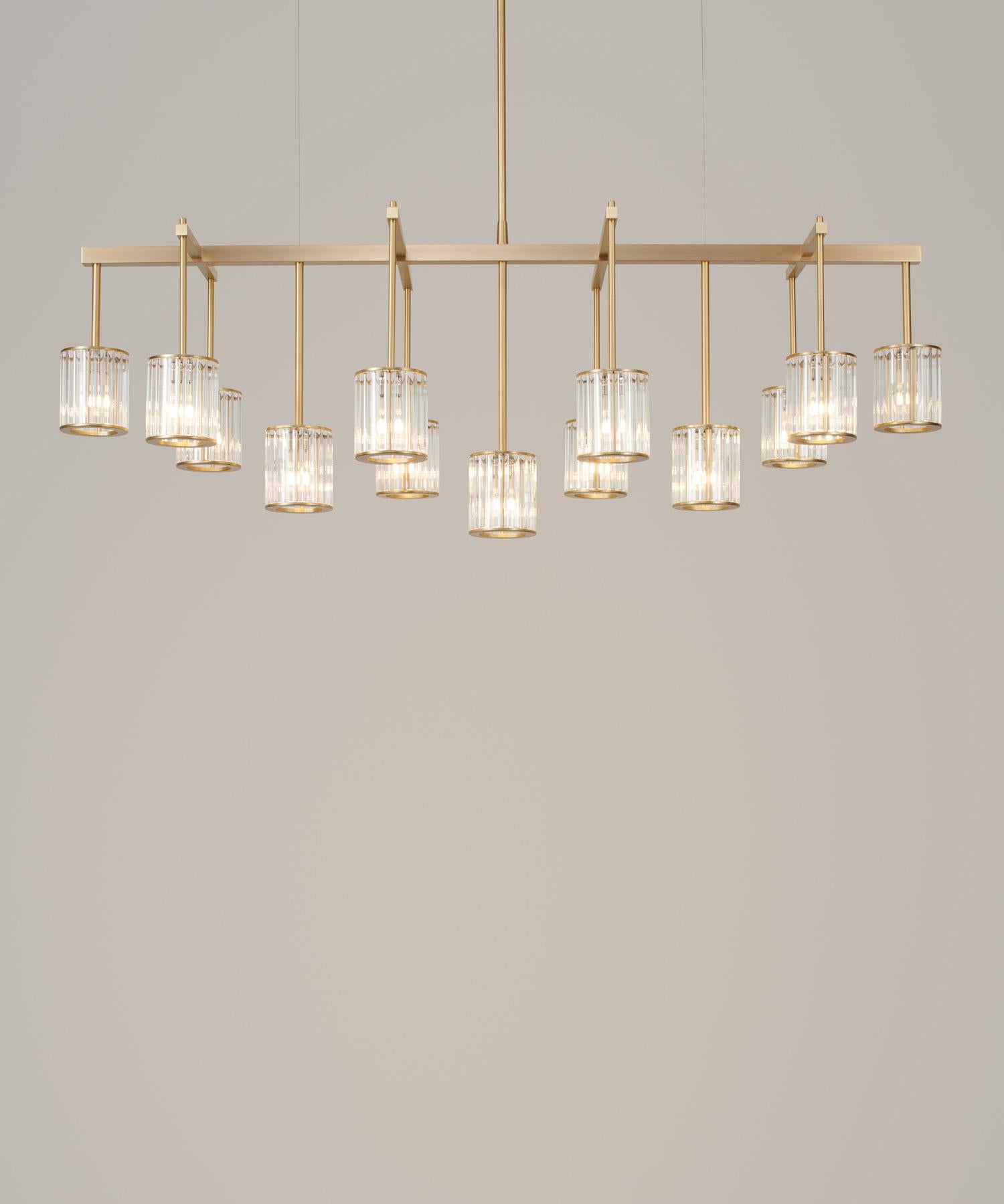 Contemporary Flute Beam Chandelier with 13 Arms in Brushed Brass and Frosted Glass Diffusers For Sale