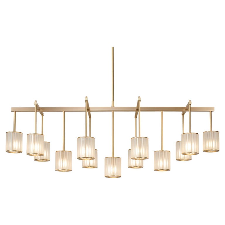 Flute Beam Chandelier 13 Arm in Brushed Brass with Frosted Glass by Tom