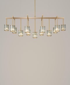 Flute Beam Chandelier with 13 Arms in Brushed Brass and Smoke Glass by Tom Kirk