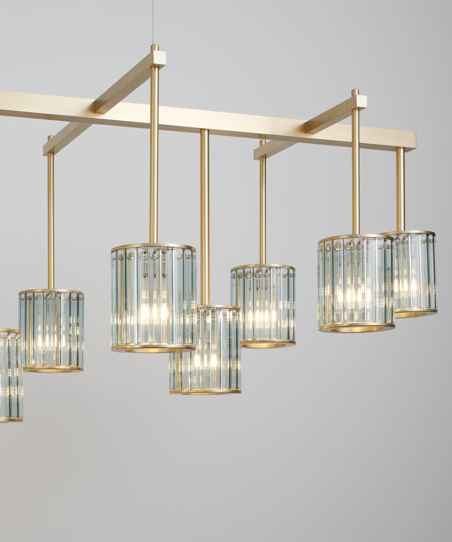 British Flute Beam Chandelier with 13 Arms in Brushed Brass and Smoke Glass Diffusers For Sale