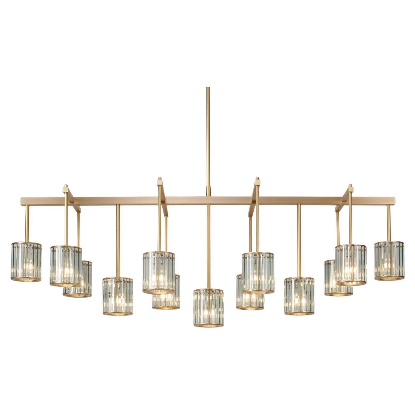 Flute Beam Chandelier with 13 Arms in Brushed Brass and Smoke Glass Diffusers For Sale