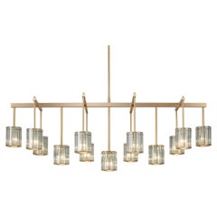 Flute Beam Chandelier 13 arm in Brushed Brass with Smoke Glass by Tom Kirk 